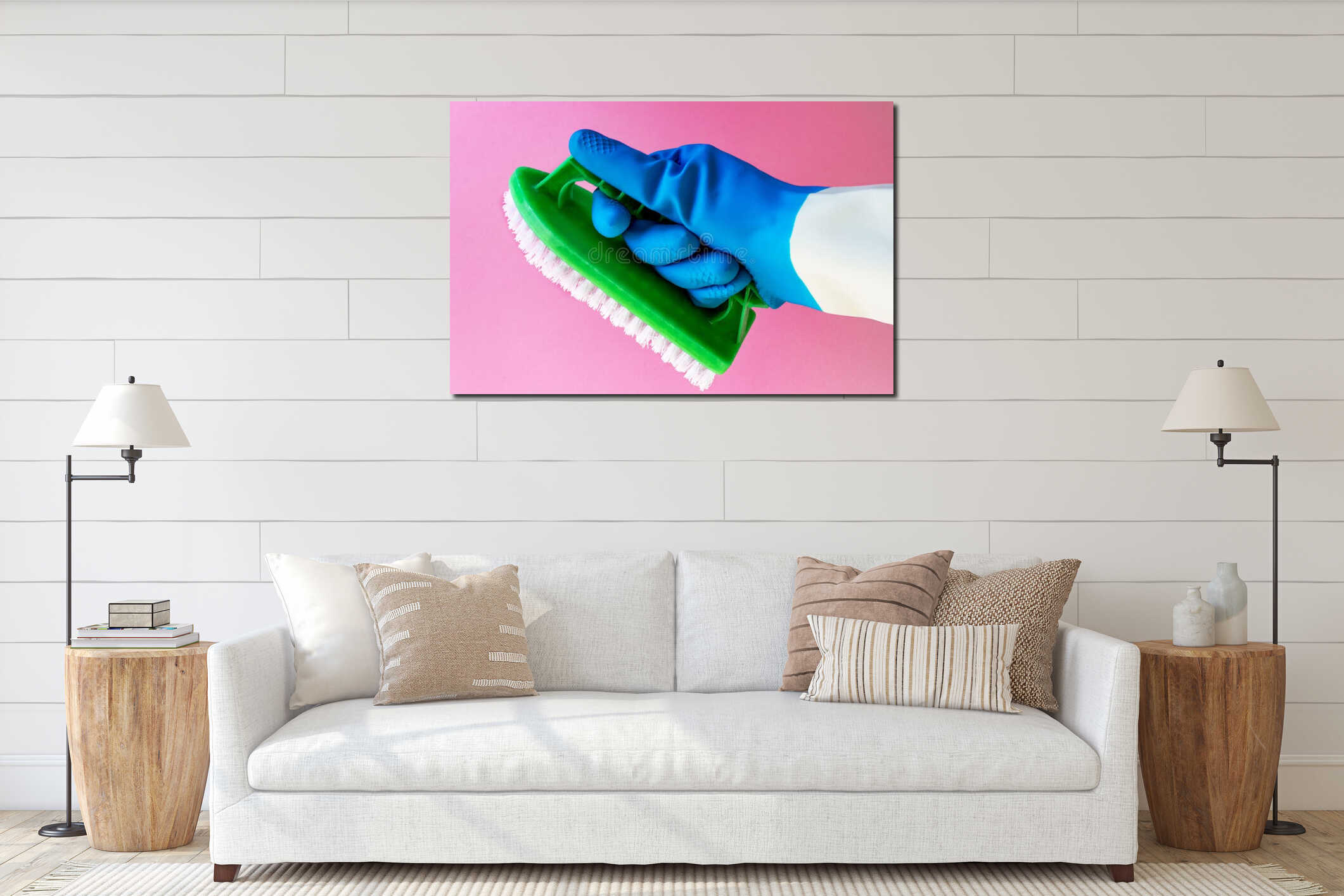 Spring cleaning, cleaning the space with the help of work, taking care of a house, house, housewife. hand with rubber glove interior mockup