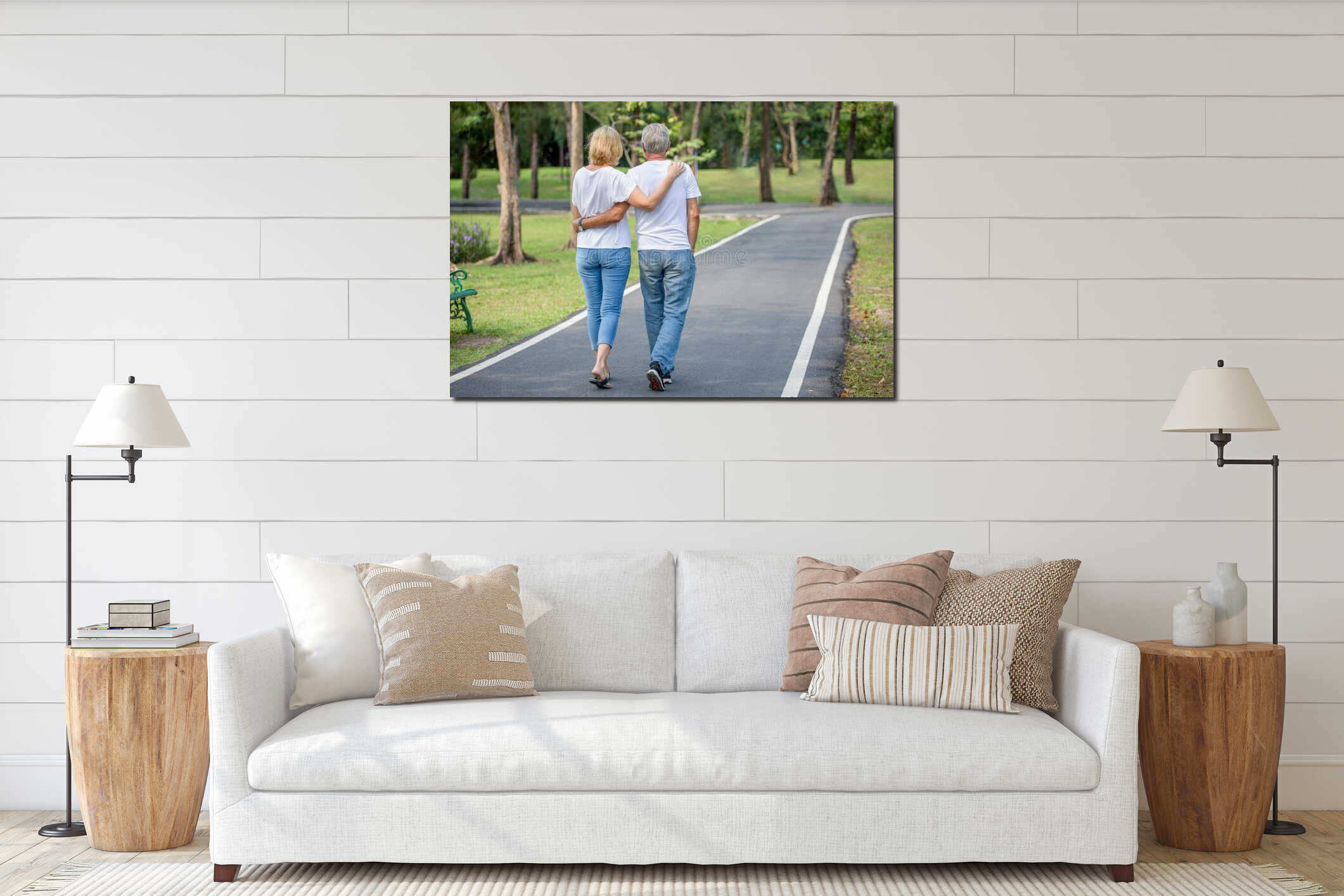 Happy senior loving couple relaxing at park embracing and walking together in morning time. old people  hugging and enjoying interior mockup