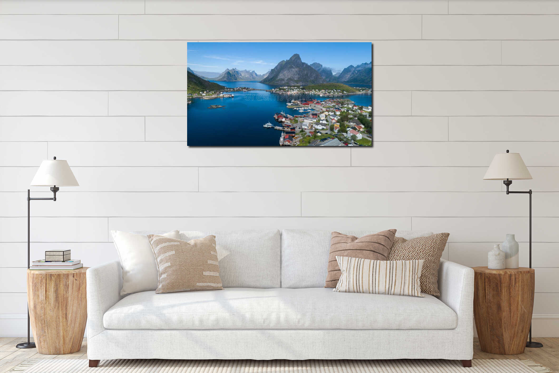 Beautiful summer aerial view of Reine, Norway, Lofoten Islands, with skyline, mountains, famous fishing village with red fishing c interior mockup