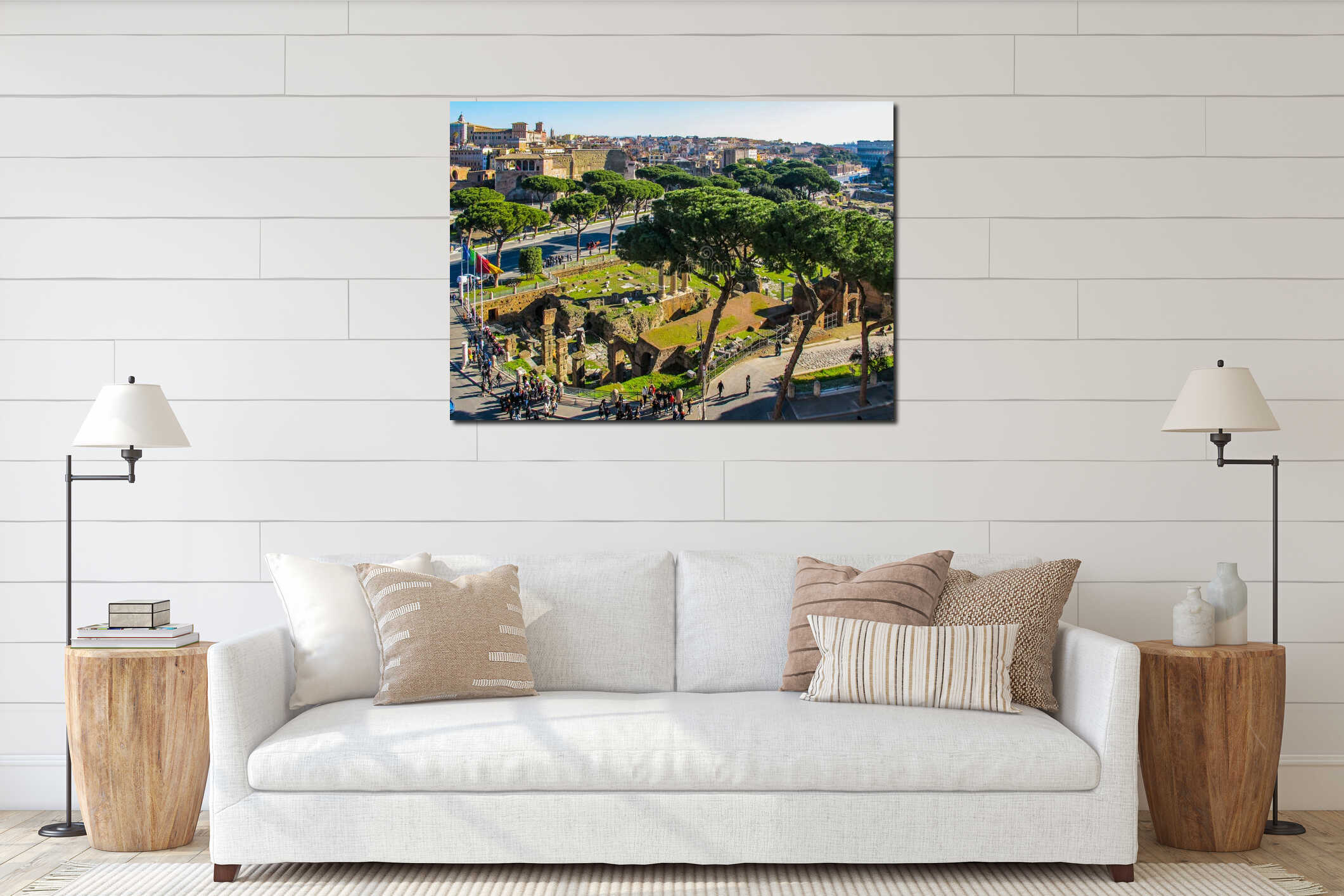 Aerial view of Roman historical buildings, Ancient Ruins, Coliseum and Imperial Forums Street Via dei Fori Imperiali interior mockup