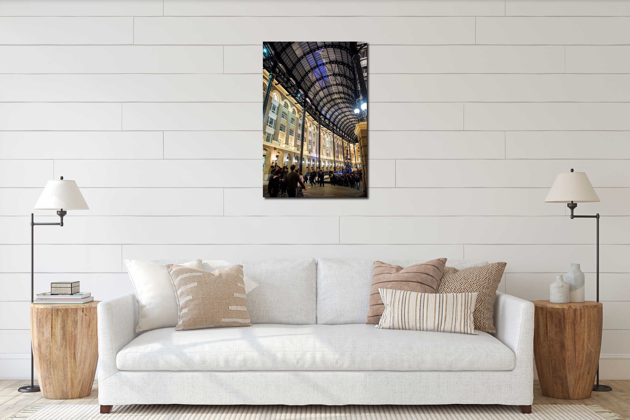 Tourists visiting the Hay`s Galleria at night, London interior mockup