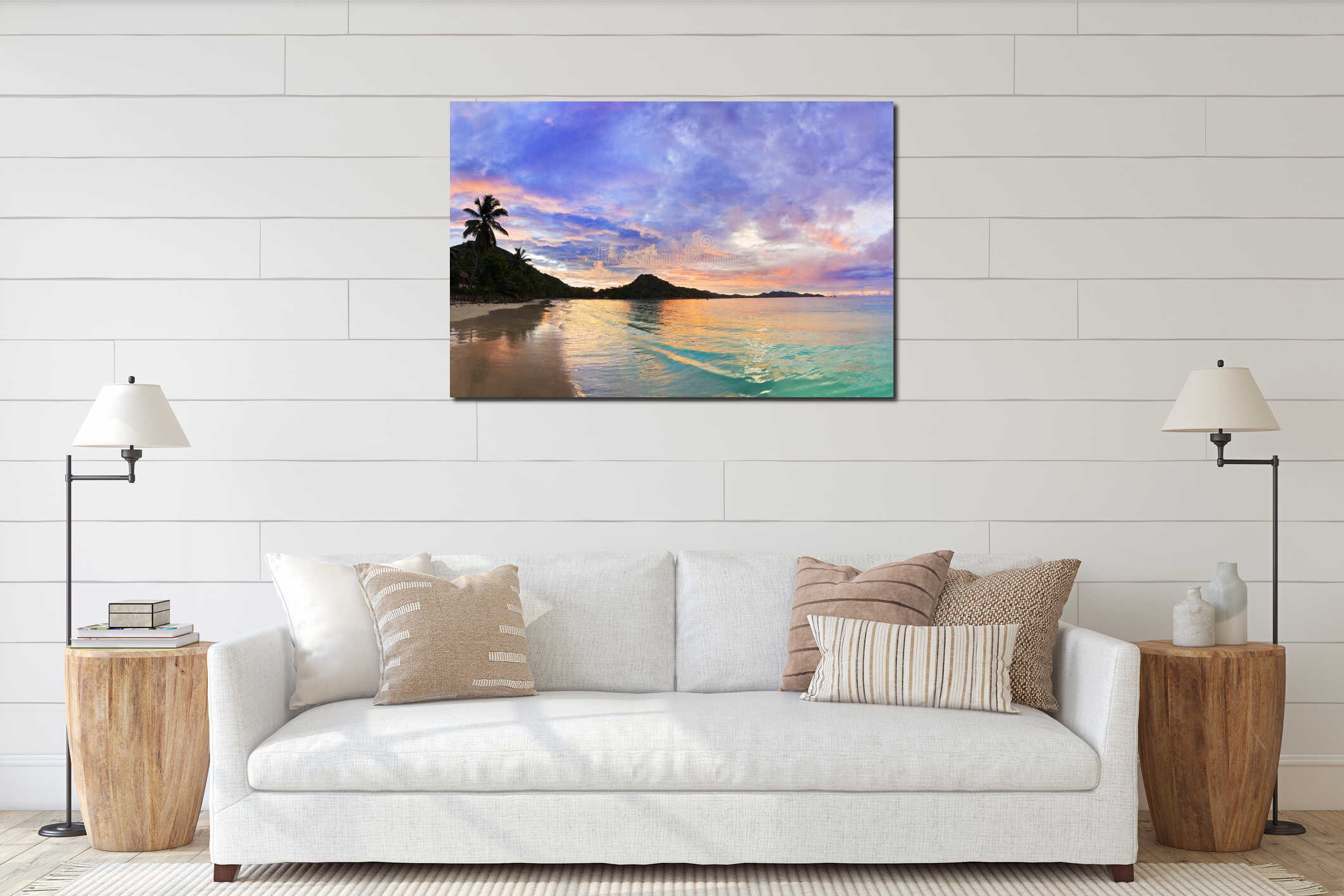 Tropical beach Cote d'Or at sunset, Seychelles interior mockup