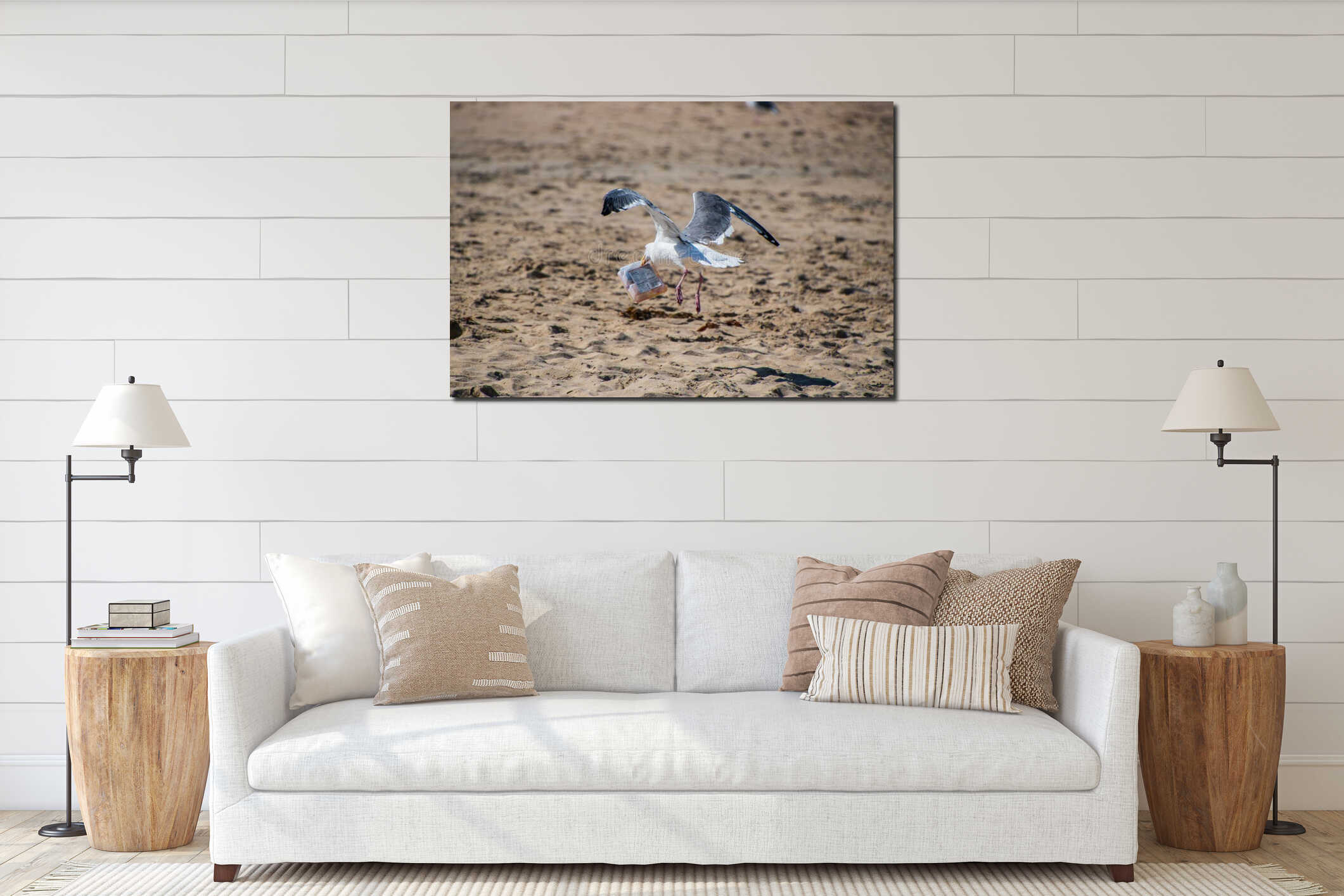Seagull flying over the sand at the beach with a plastic box of trash in its mouth. interior mockup