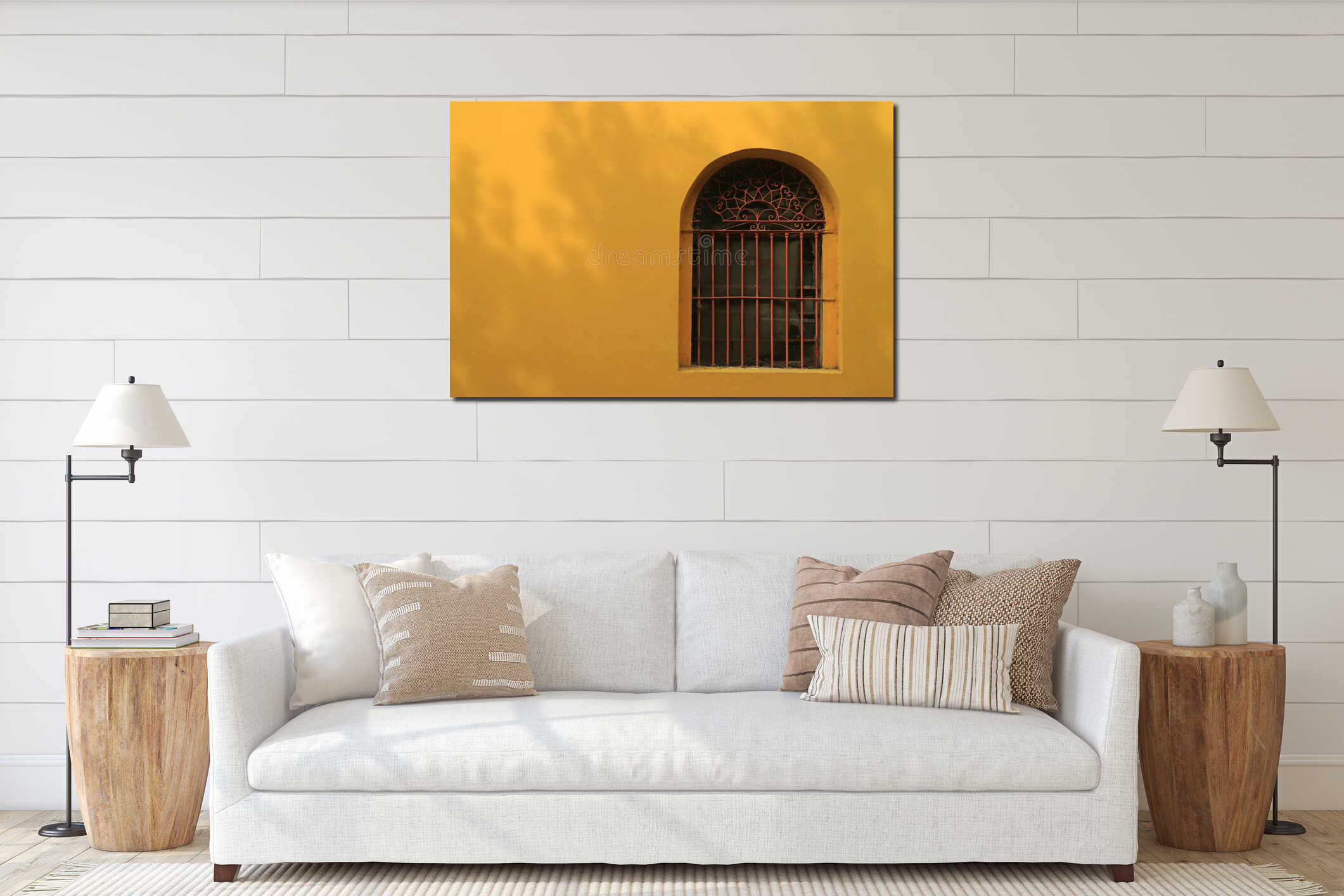 Red wrought iron decorated window on vivid yellow outer wall interior mockup