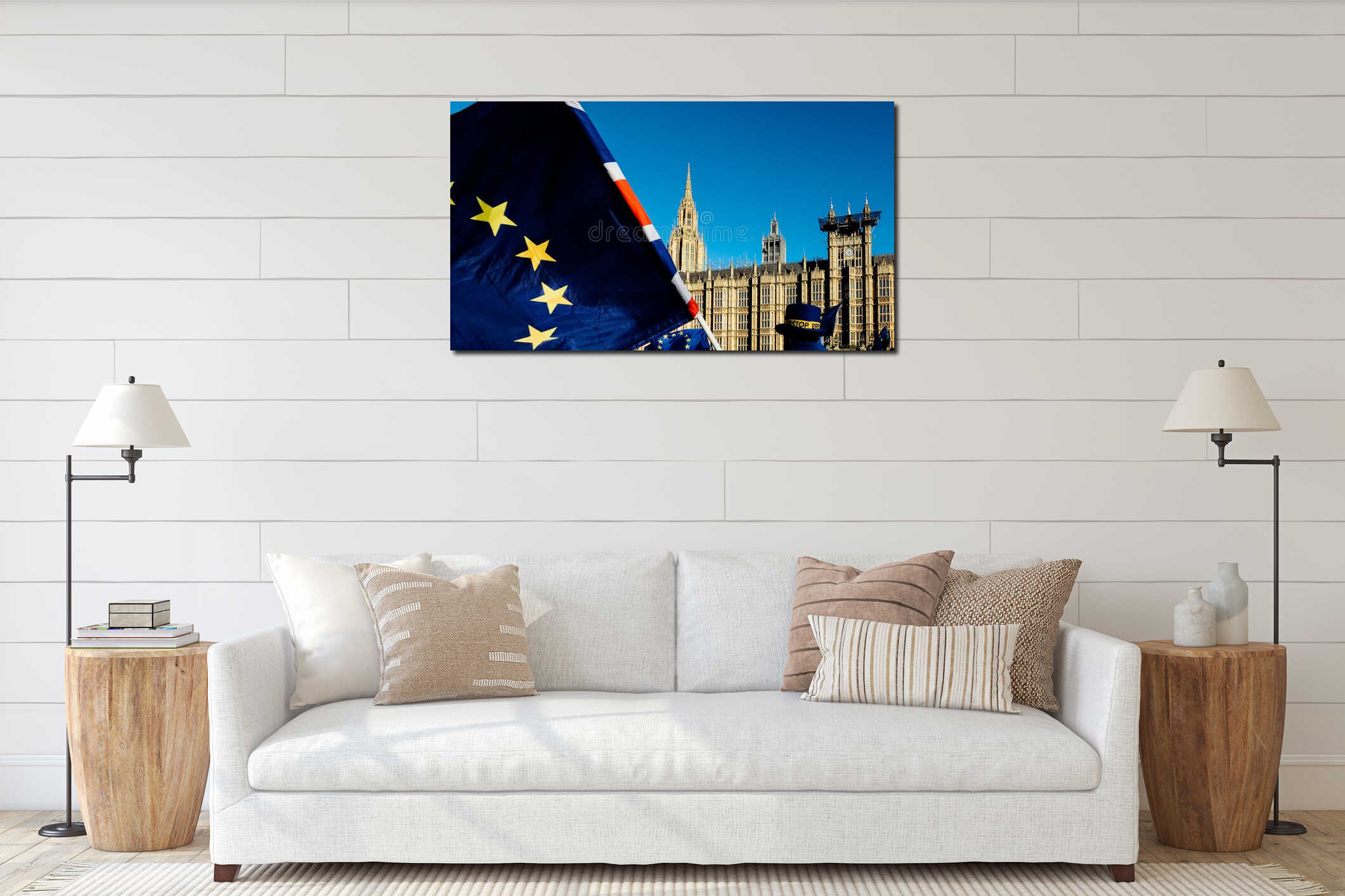 European Union and British Union Jack flag flying in front of Houses of Parliament at Westminster Palace, London, in interior mockup