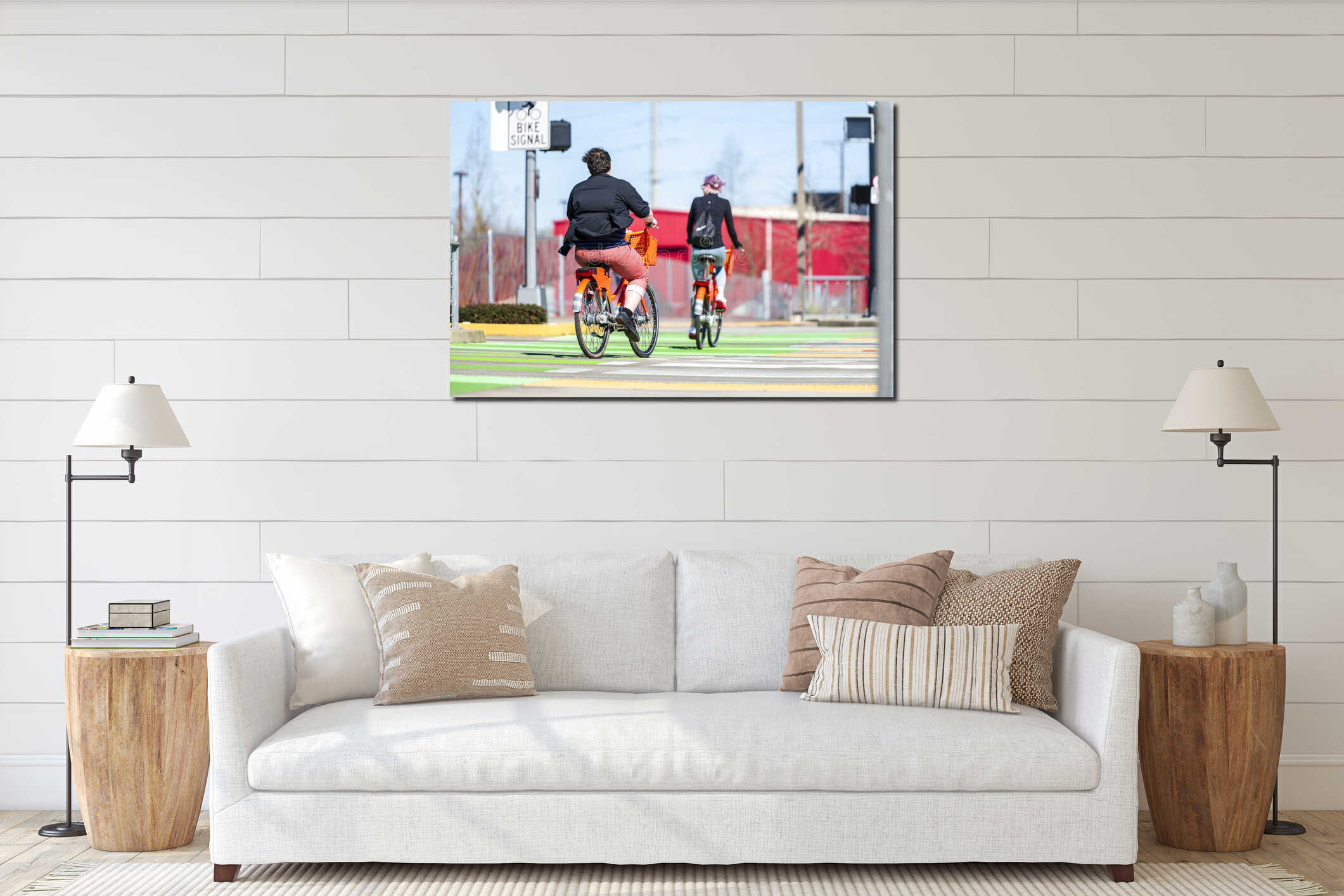 Plump guy and slim girl ride rented bicycles in the city rental station interior mockup