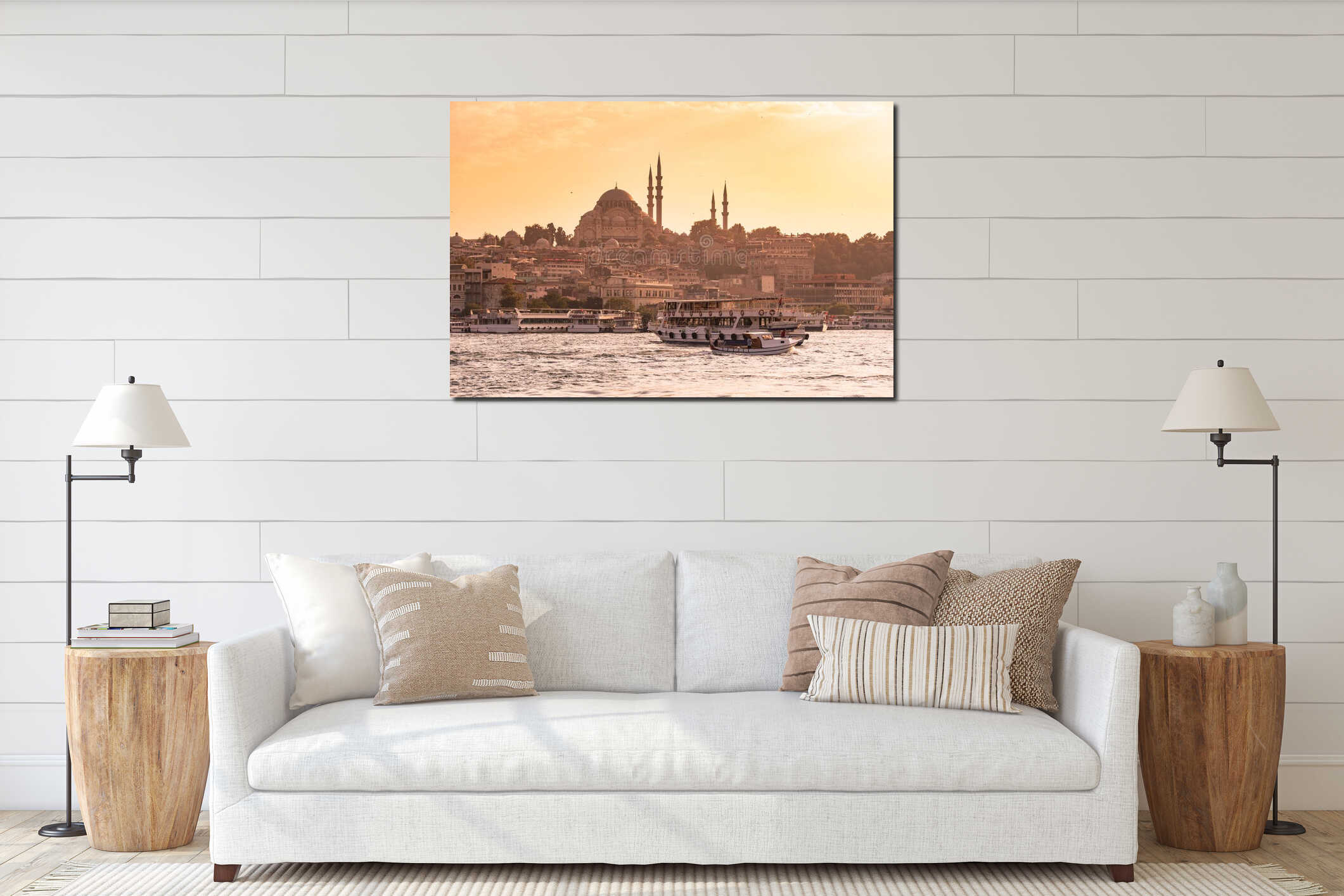 Eminonu Port with Ships and Suleymaniye Mosque in the Fatih district at Golden Horn River before sunset, Istanbul, Turkey. Travel interior mockup