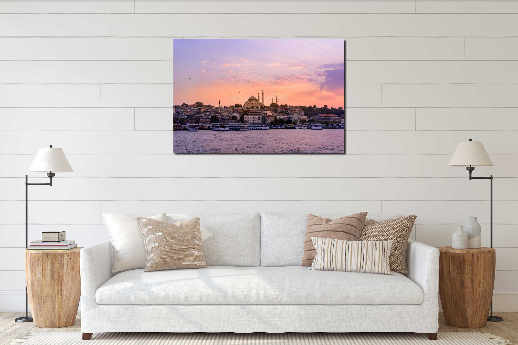 Eminonu Port with Ships and Suleymaniye Mosque in the Fatih district at Golden Horn River before sunset, Istanbul, Turkey. Travel interior mockup