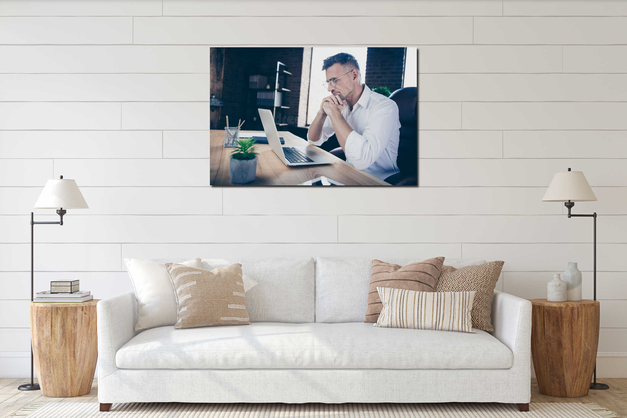 Close side profile up photo handsome he him his macho guy ponder pensive hands arms chin online currency business interior mockup