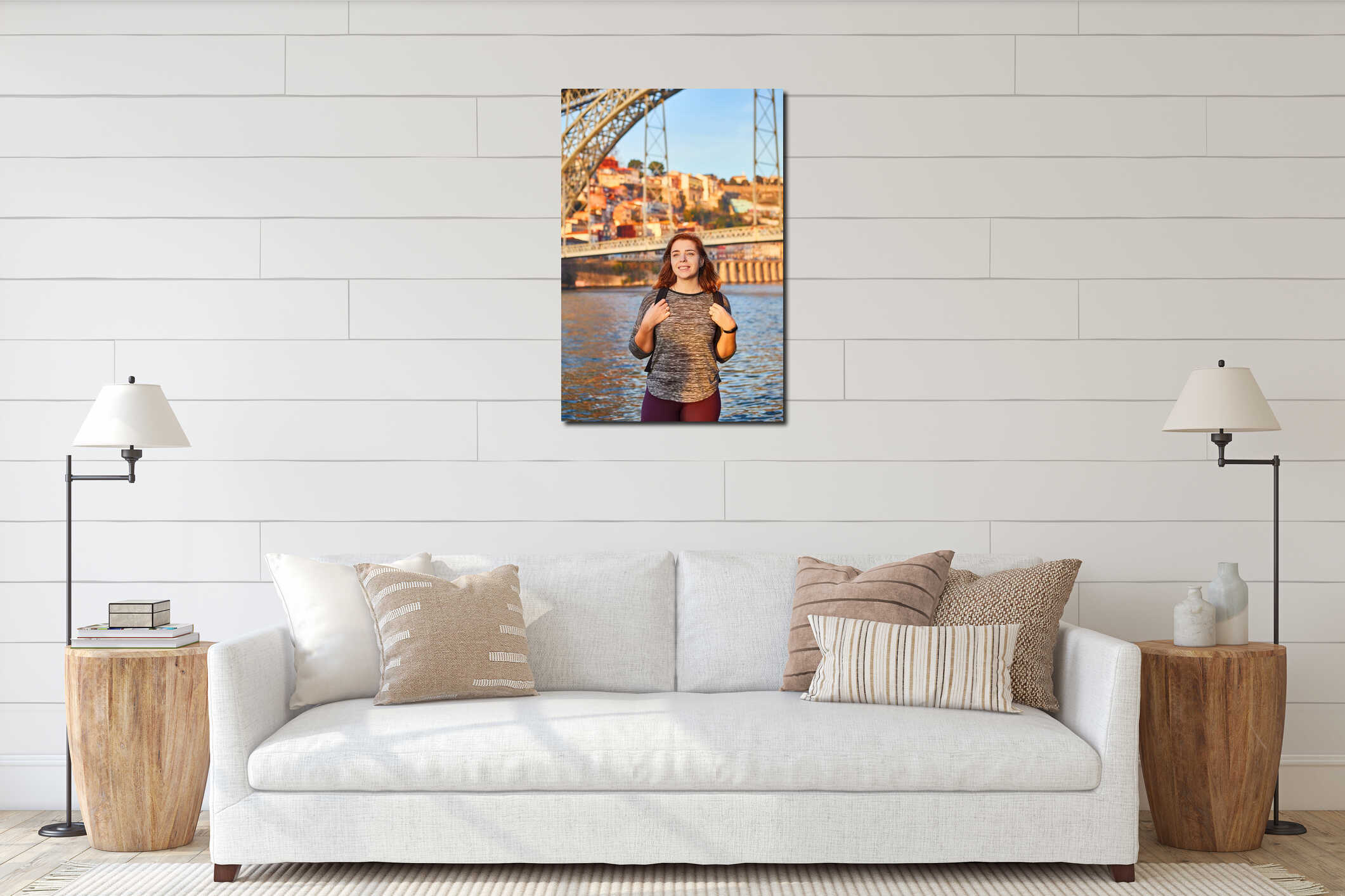 Young woman tourist enjoying beautiful landscape view on the old town with river and famous iron bridge Dom Luiz during the sunset interior mockup