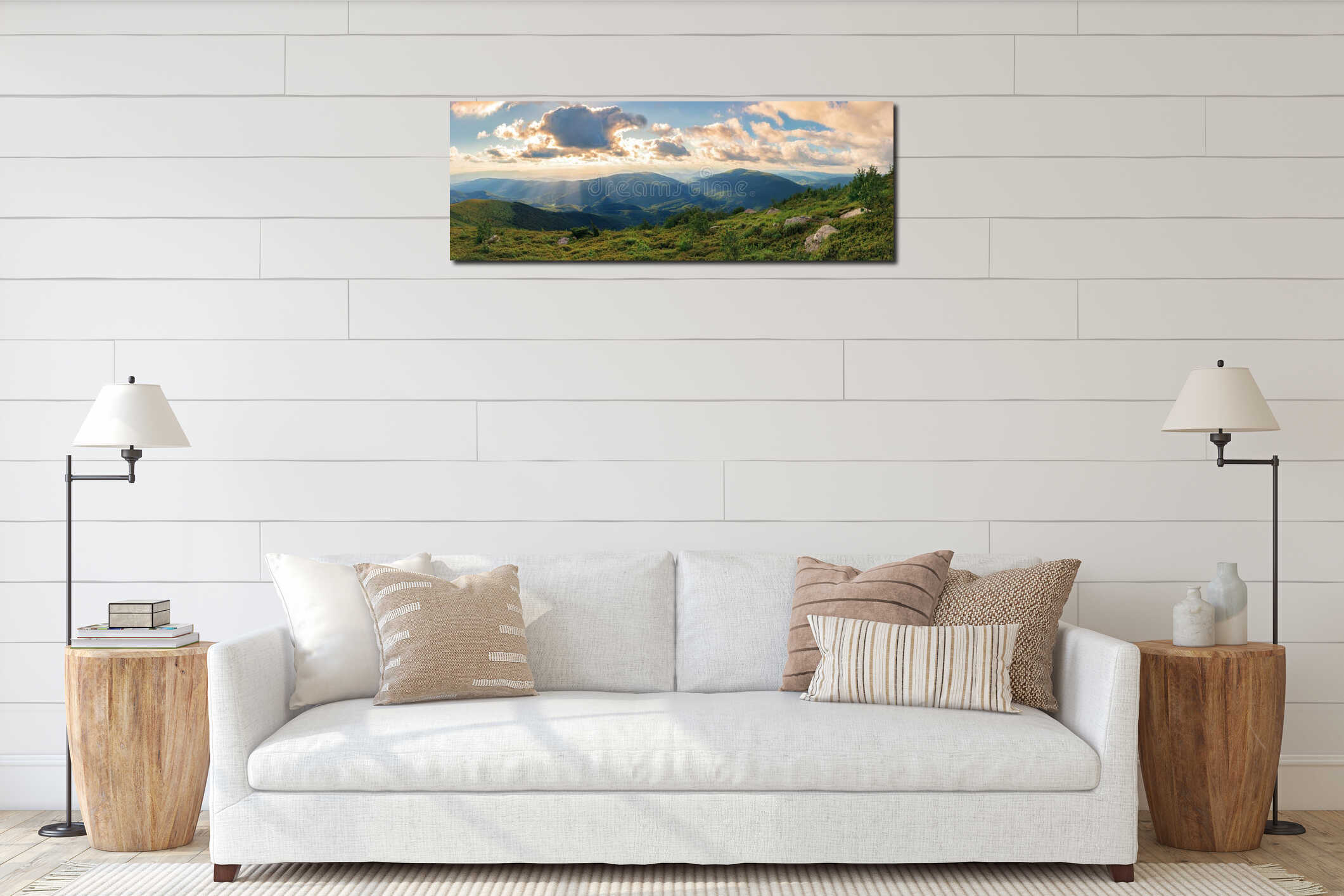 Panorama of a gorgeous summer sunset in mountains interior mockup