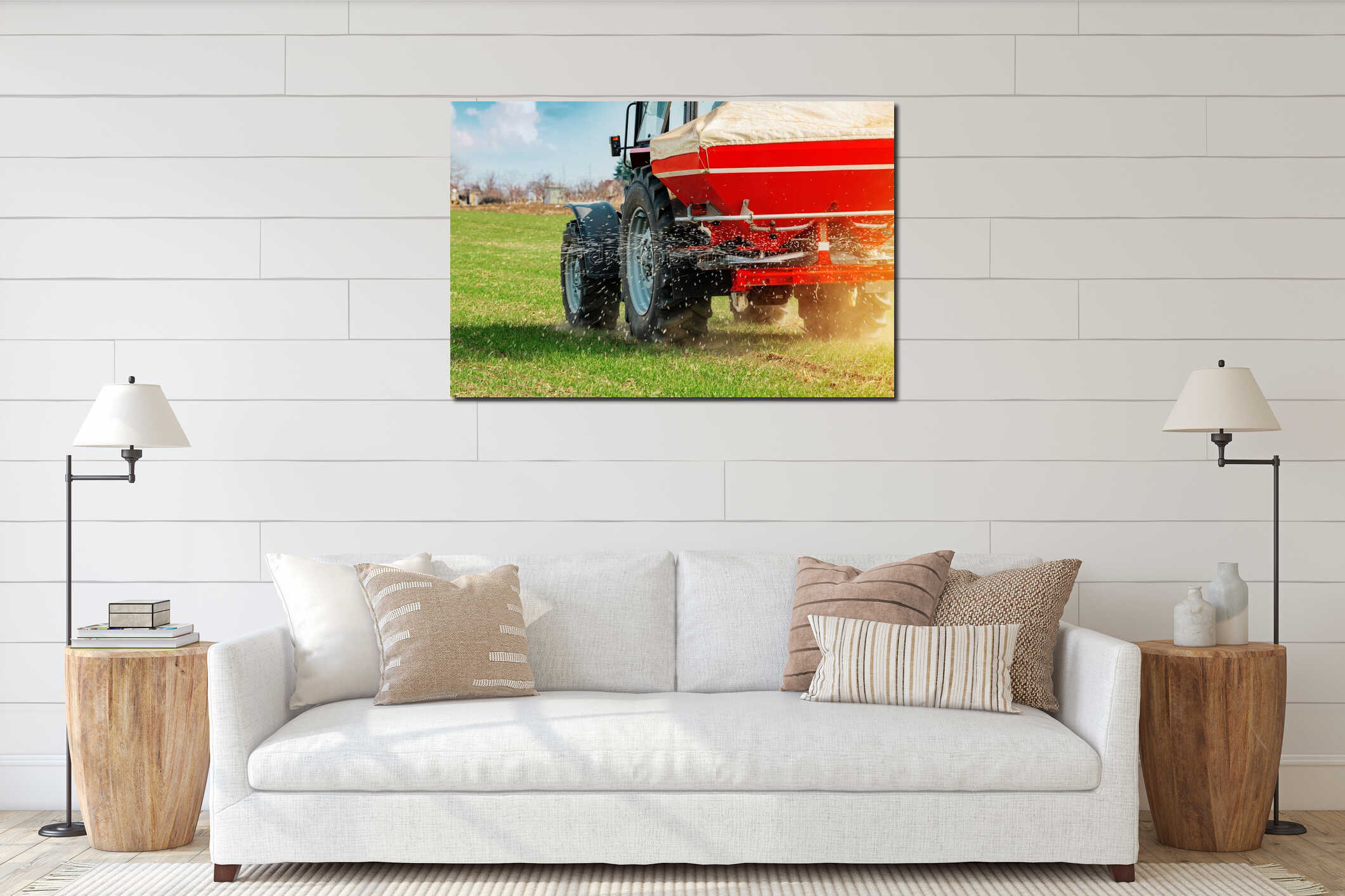 Agricultural tractor fertilizing wheat crop field with NPK interior mockup