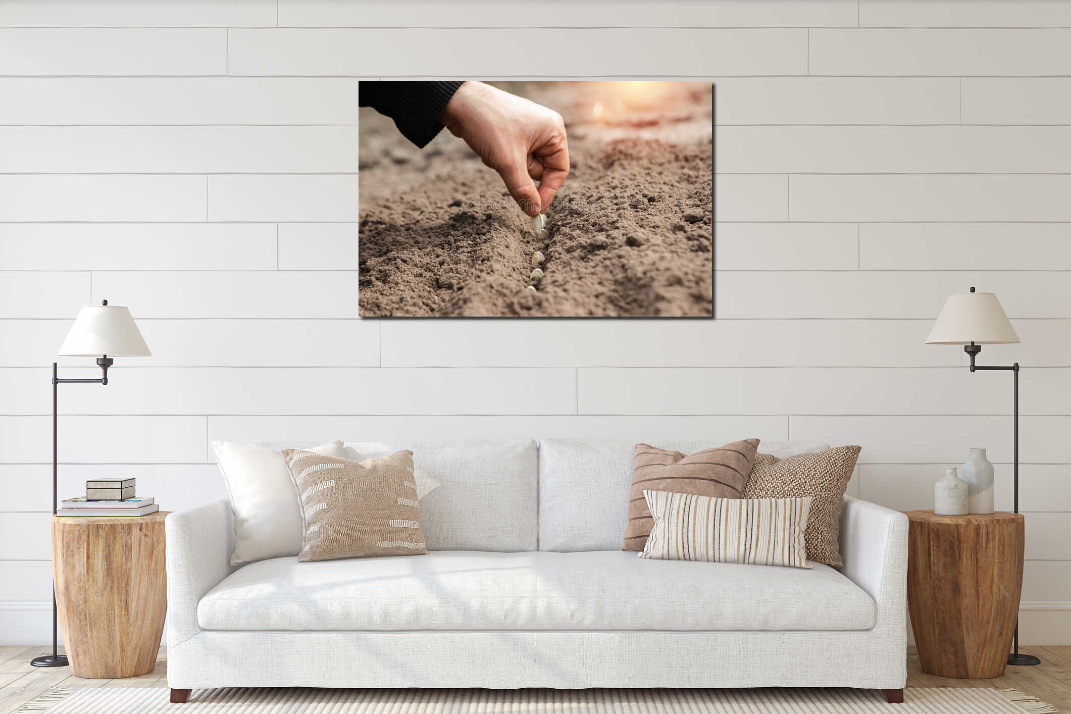 Close up of farmer`s hands, planting seeds in spring. The concept of the garden, the beginning of the season, summer cottage interior mockup