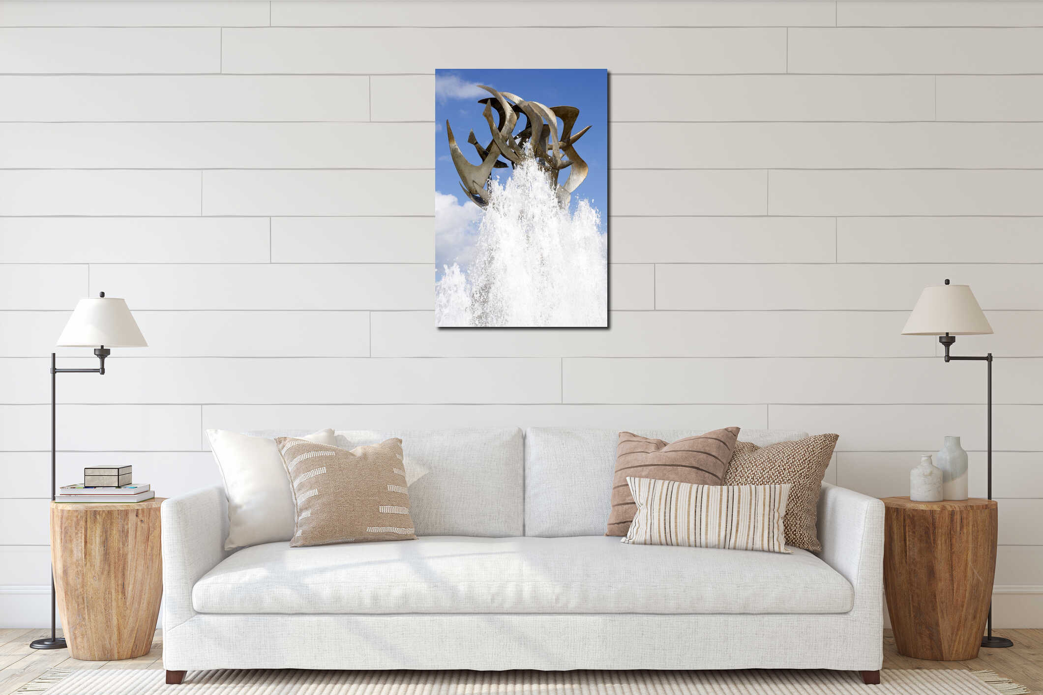 Details of seagull fountain in Cyprus and blue sky interior mockup