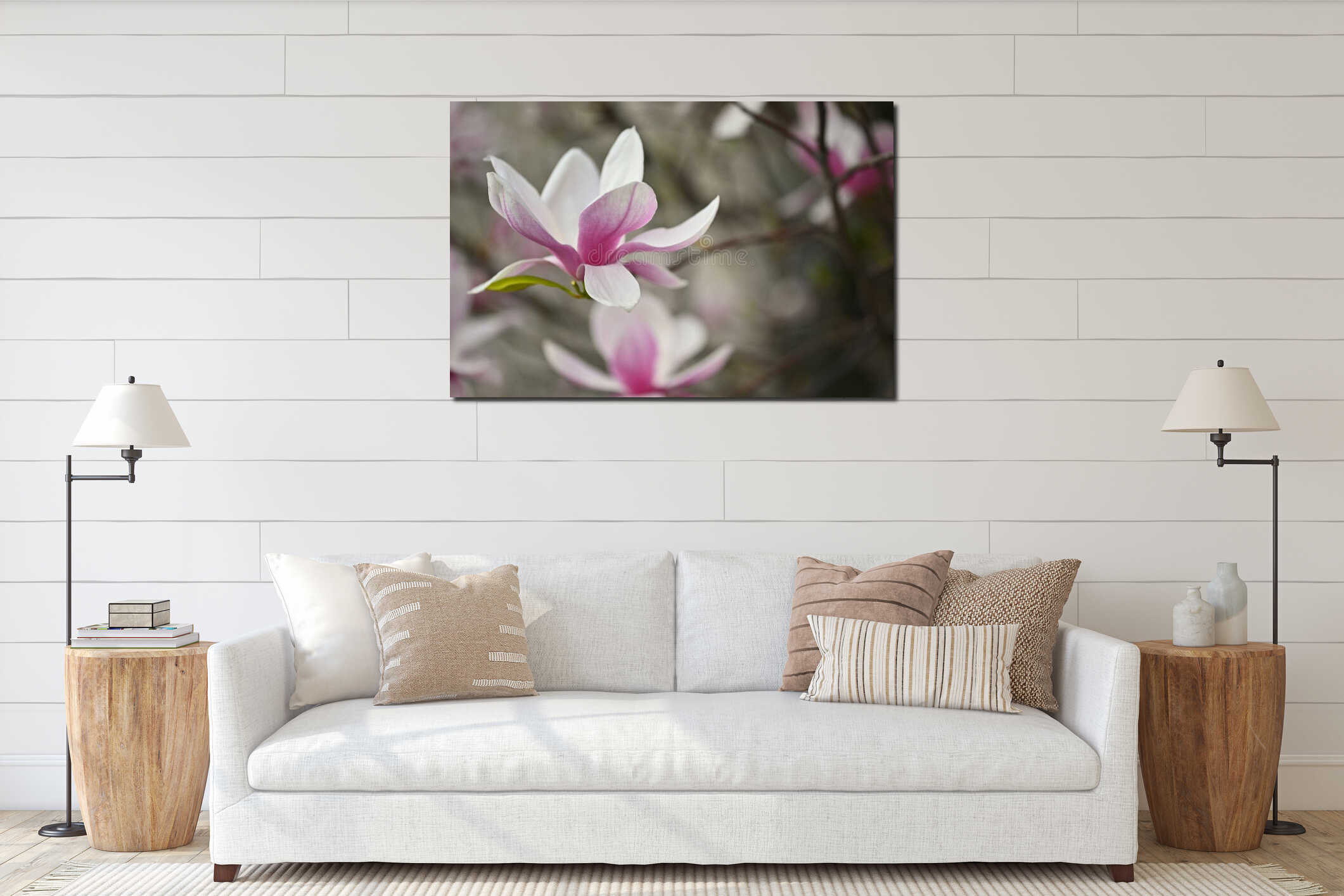 Beautifully blooming spring magnolia tree. Magnolia interior mockup