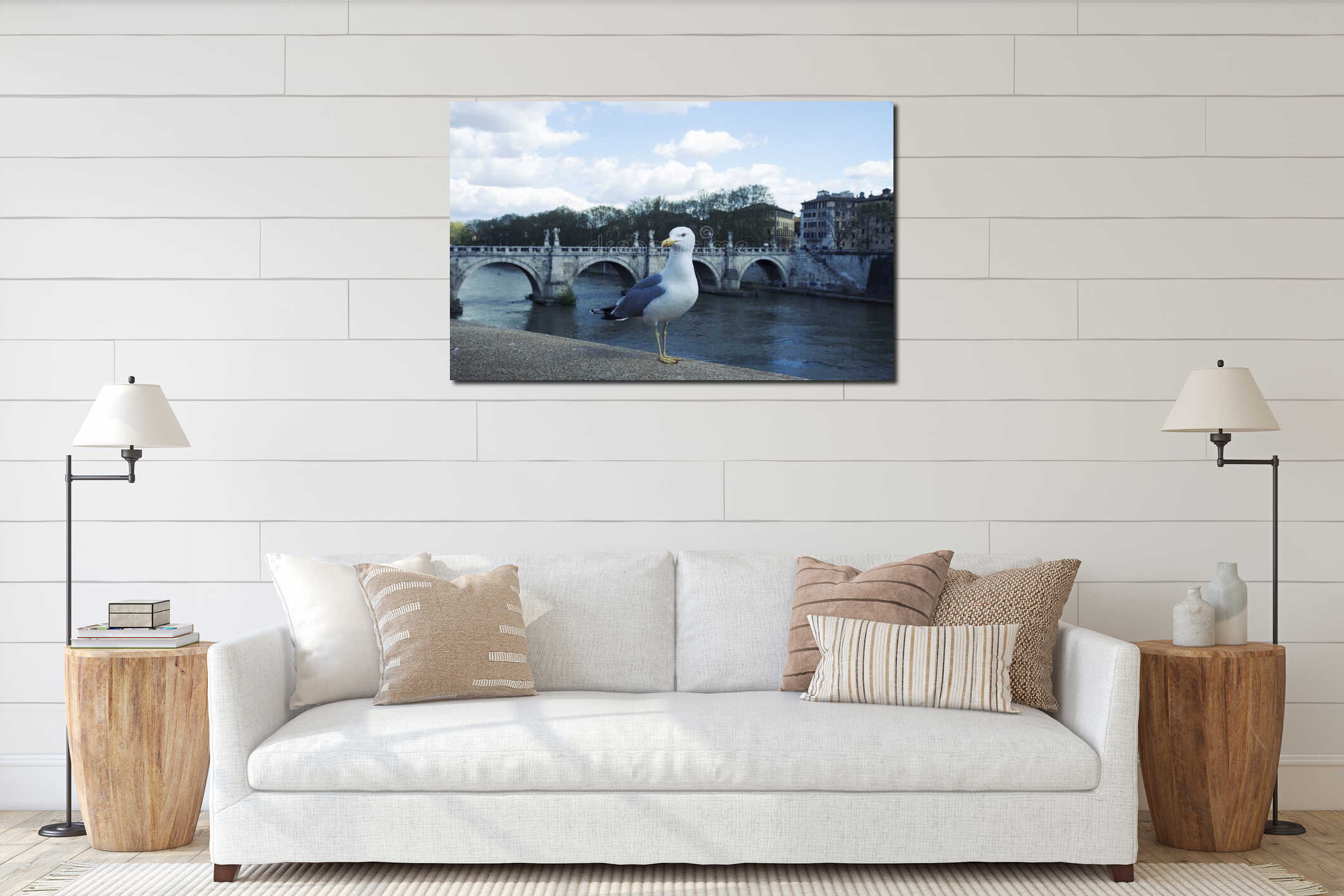 Seagull standing still on the side of river Tiber in Rome interior mockup