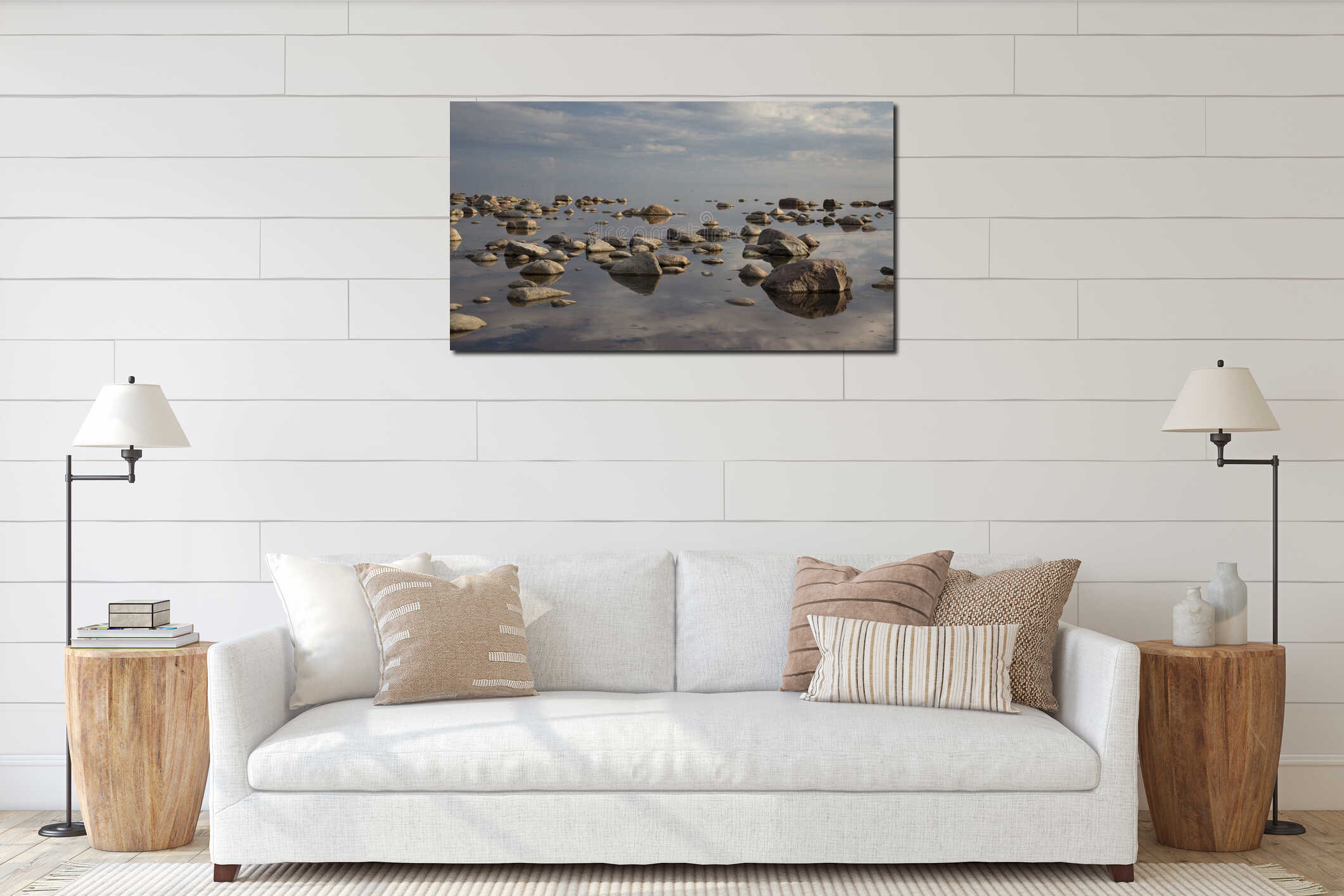 A peaceful evening on the shore of a rocky sea.( RÃÂ«gas jÃÂ«ras lÃÂ«cis) interior mockup