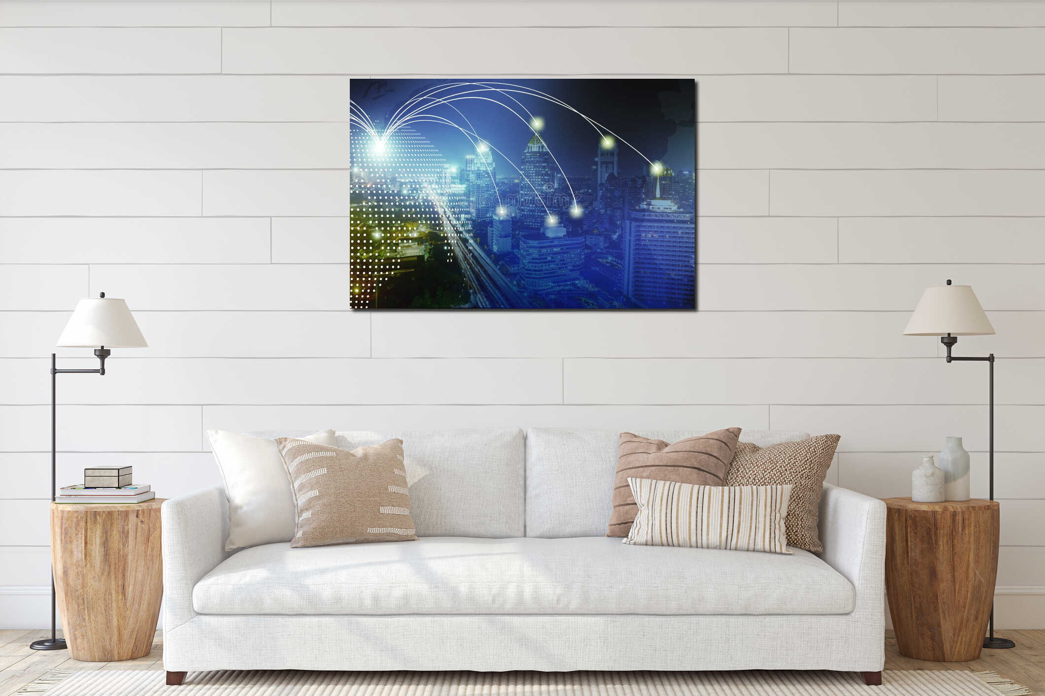 Modern wireless connection technology in smart city. Closeup dots globe with connection lines and dots over high building in interior mockup