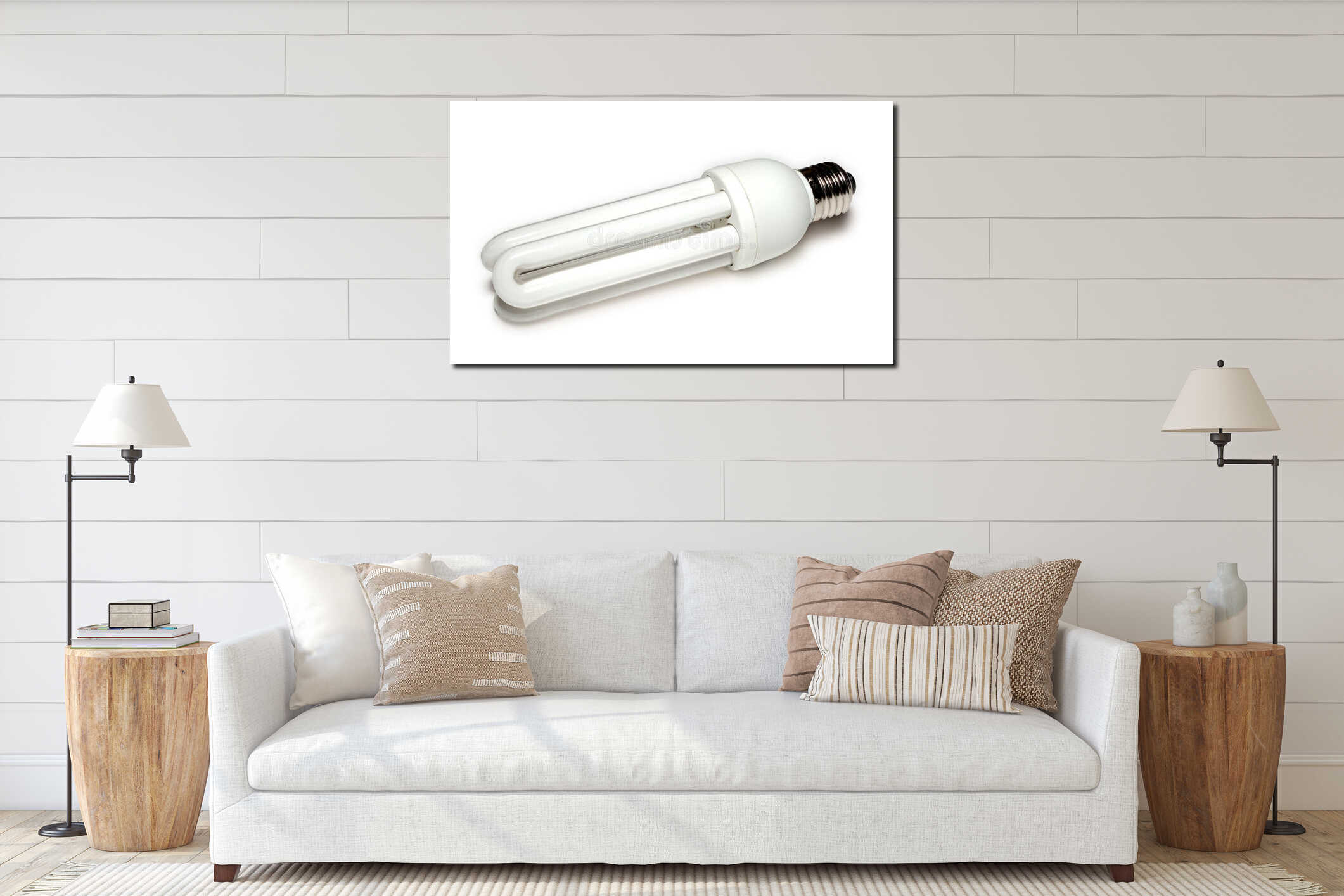 Energy-saving lamp at white interior mockup