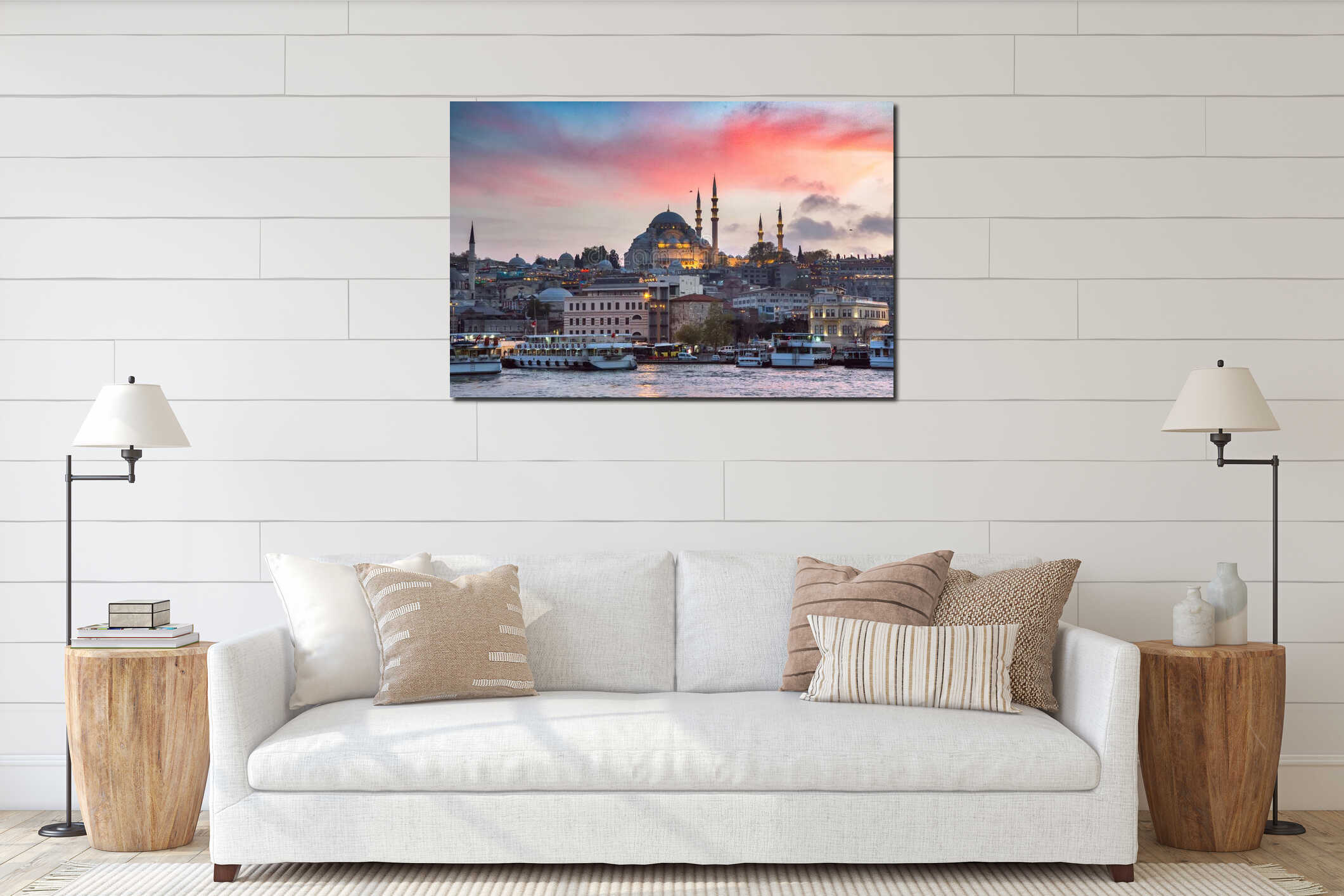 Eminonu Pier on a sunset on Golden Horn with a view of the Historic Suleymaniye Mosque on Hill in Istanbul Old City, Turkey interior mockup
