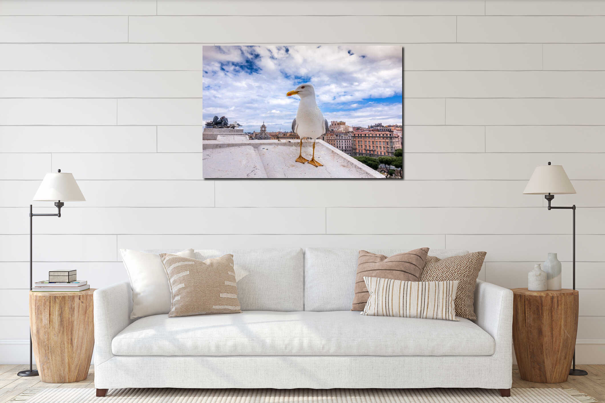 Seagull standing on the walls of Vittoriano building against the ancient Roman Forum interior mockup