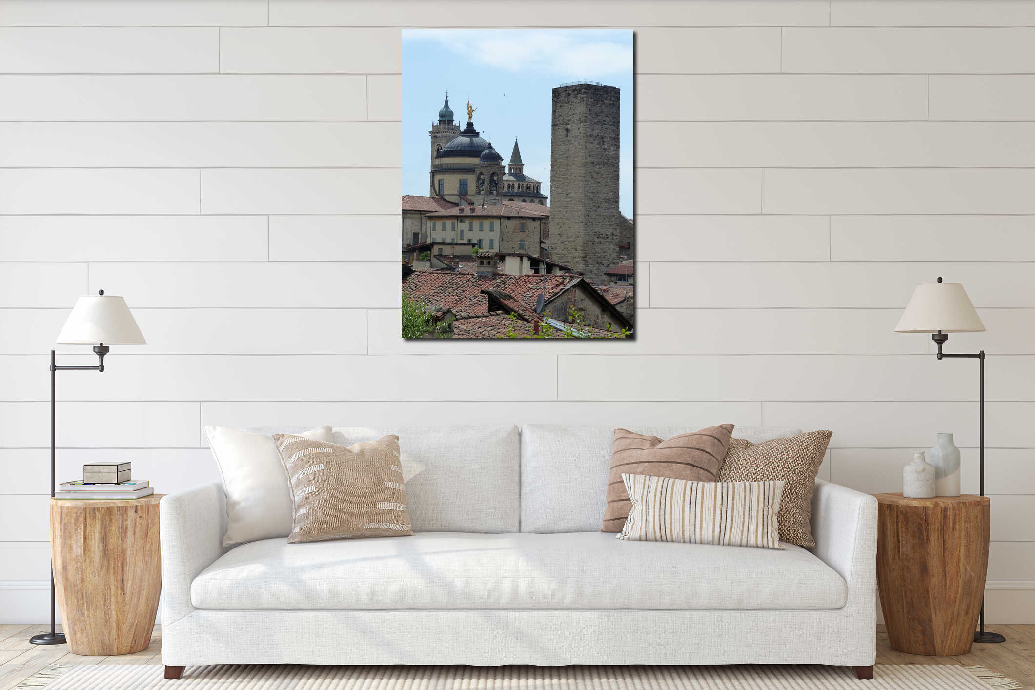 Panorama of Bergamo with ancient towers in Italy. interior mockup