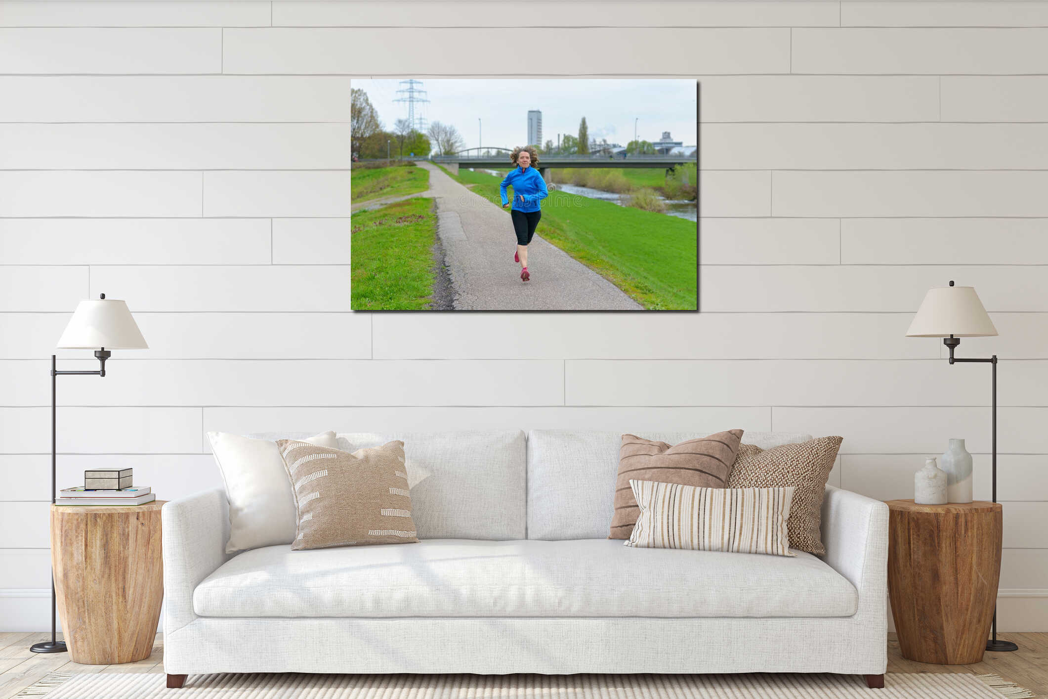 Fit athletic middle-aged woman jogging interior mockup