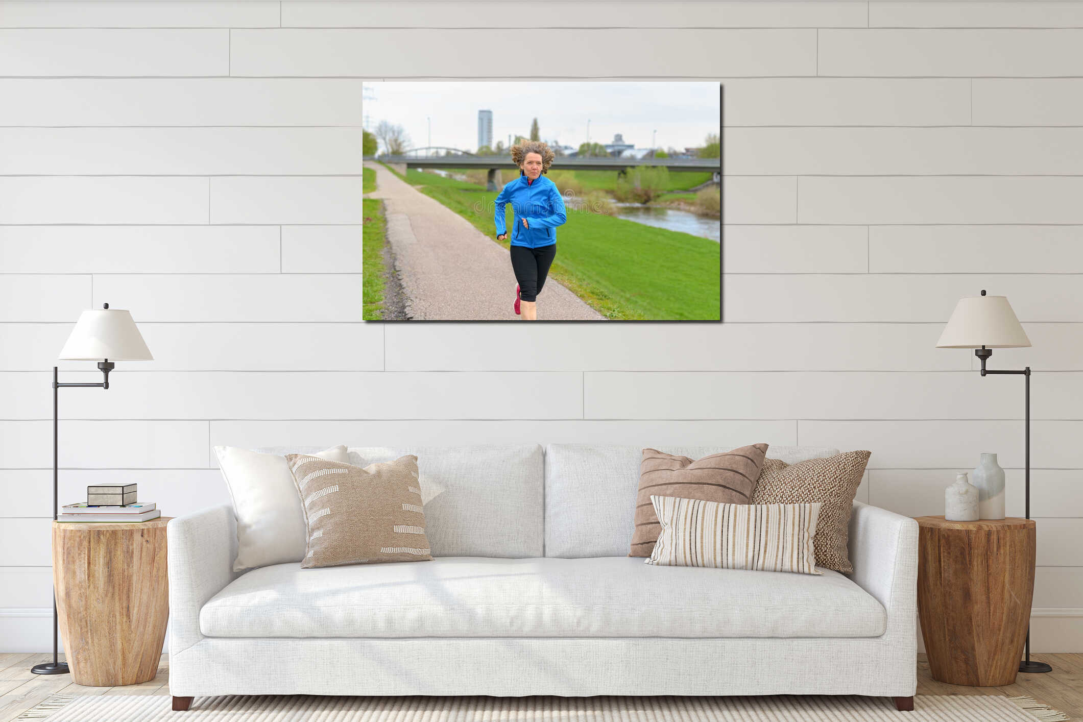 Fit athletic middle-aged woman jogging interior mockup