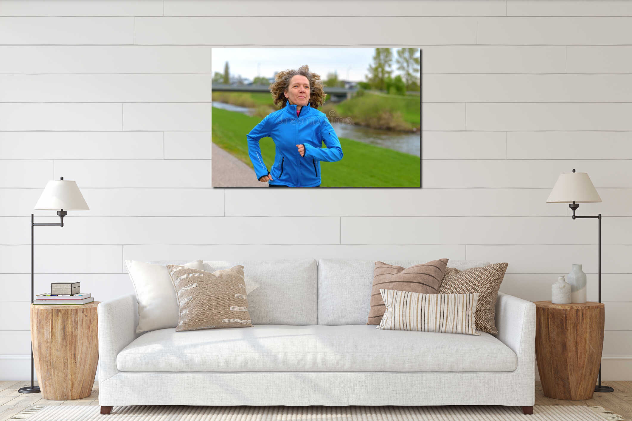Fit athletic middle-aged woman jogging interior mockup
