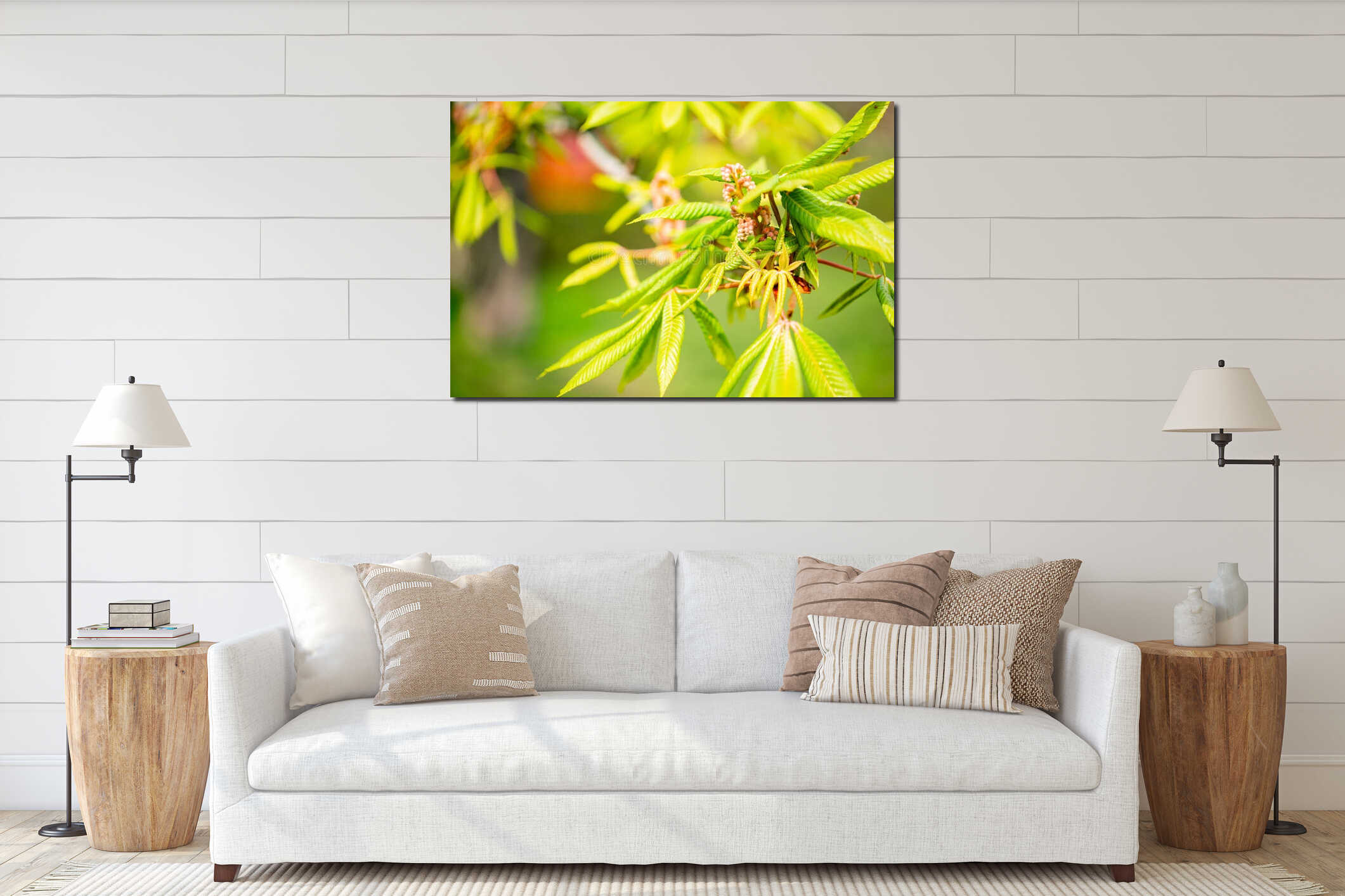 Green Chestnut tree leaves in sunlight Spring blurry background with fresh green leaves of horse chestnut interior mockup