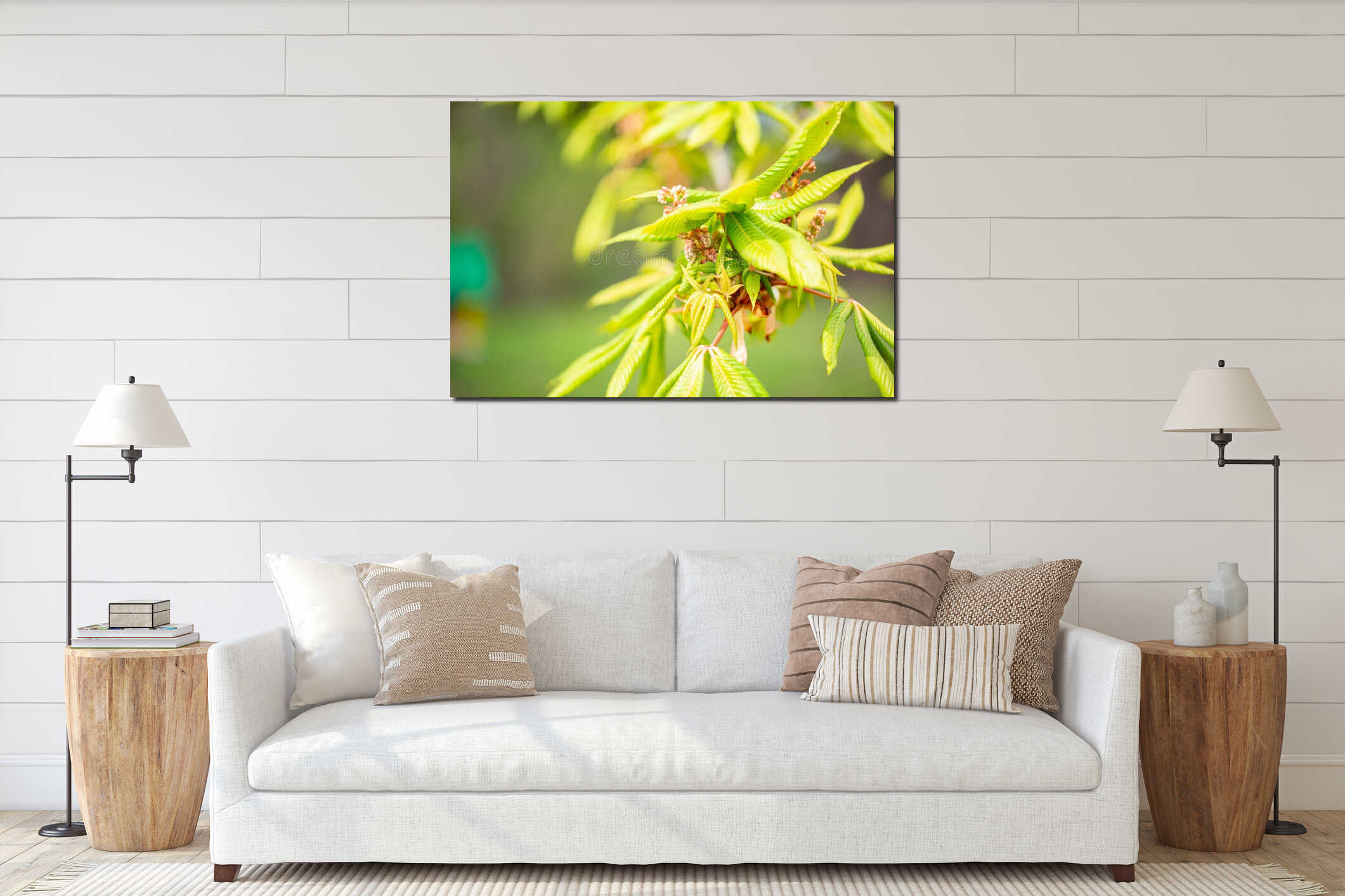 Green Chestnut tree leaves in sunlight Spring blurry background with fresh green leaves of horse chestnut interior mockup