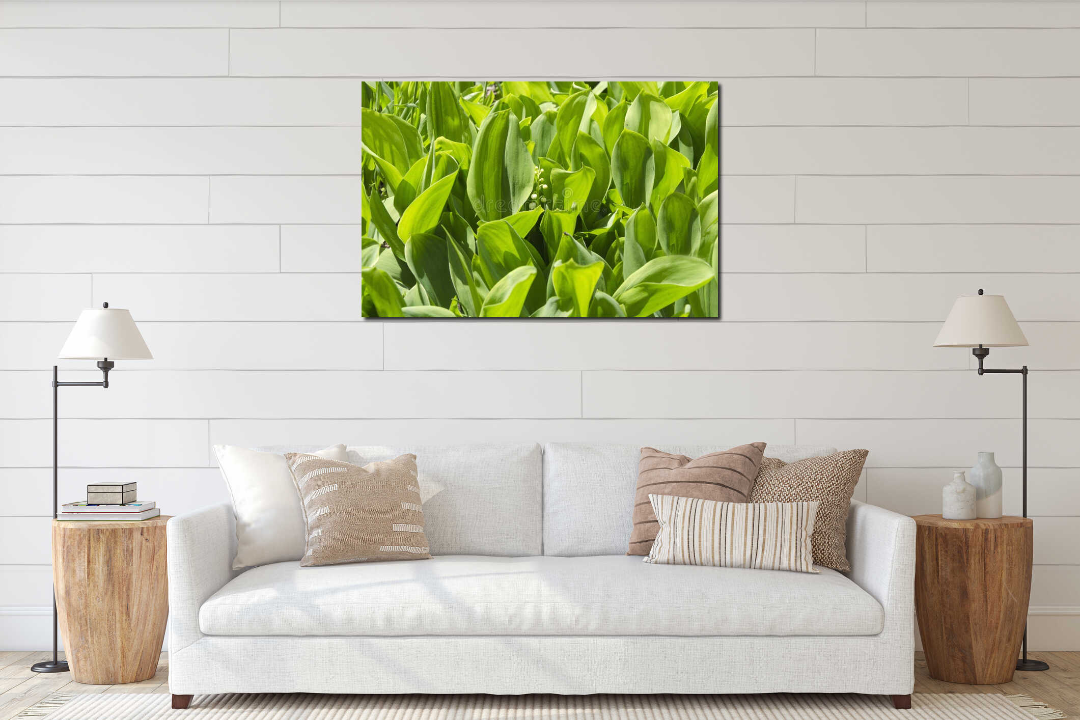 Vertical shot.Fresh green leaves and bloom of lily of the valley interior mockup