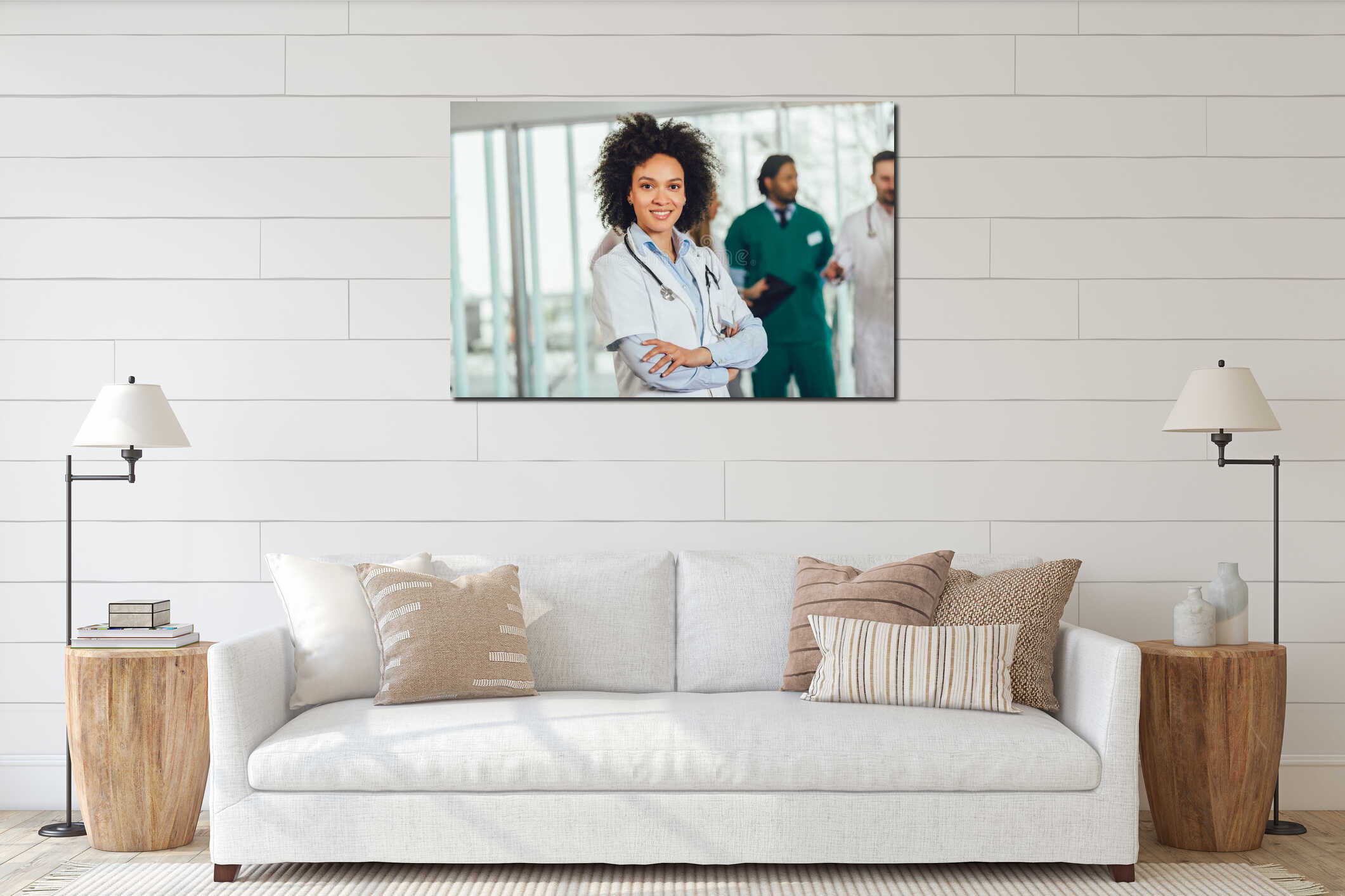 African american female doctor on hospital looking at camera smiling interior mockup