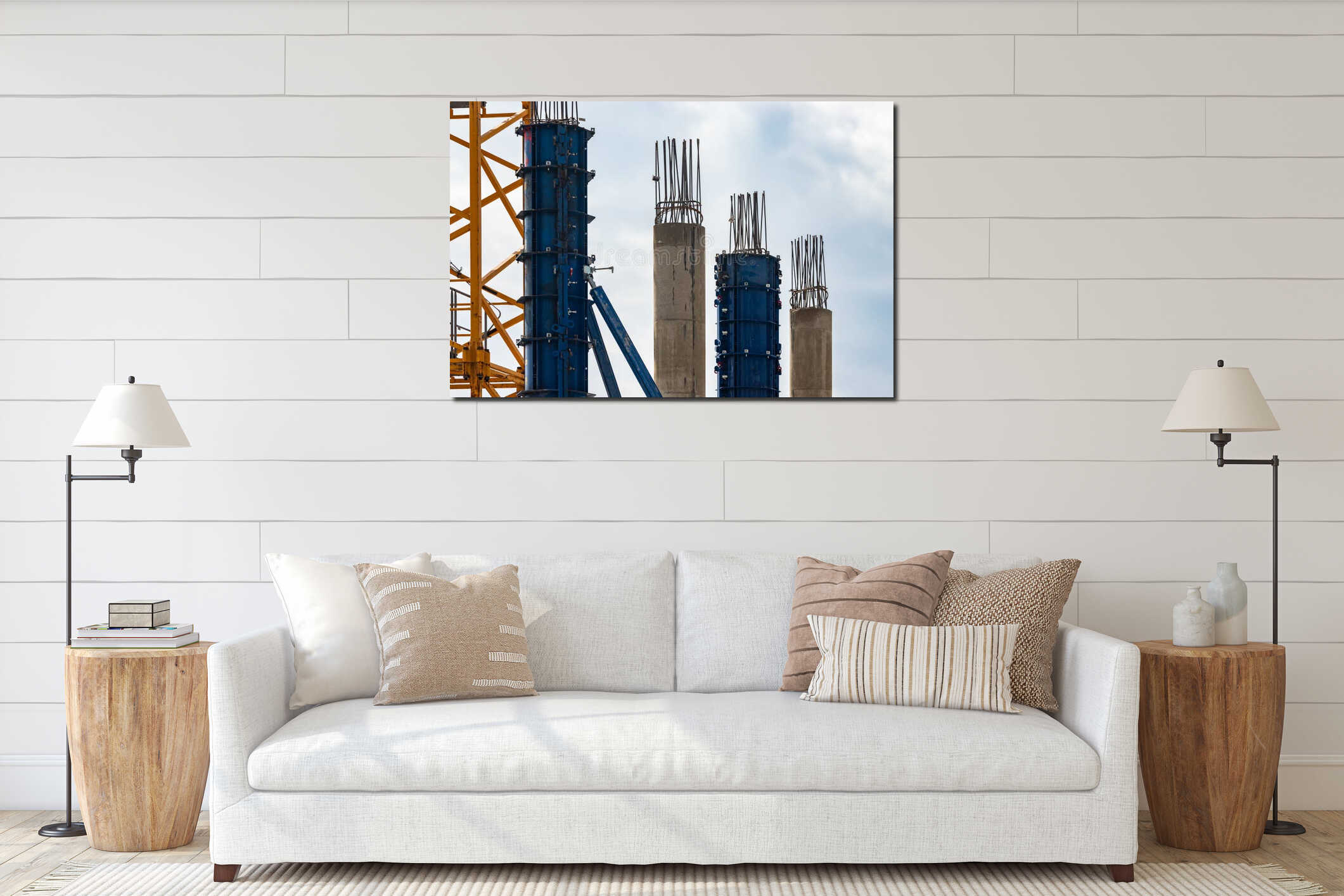 Formwork for pouring concrete .Concrete and iron pillars and frame on construction site interior mockup