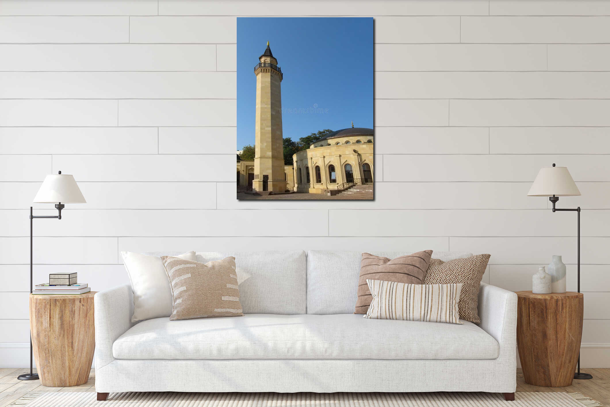 Tall beige minaret of the Ar-Rahma Mosque, vertical photo interior mockup