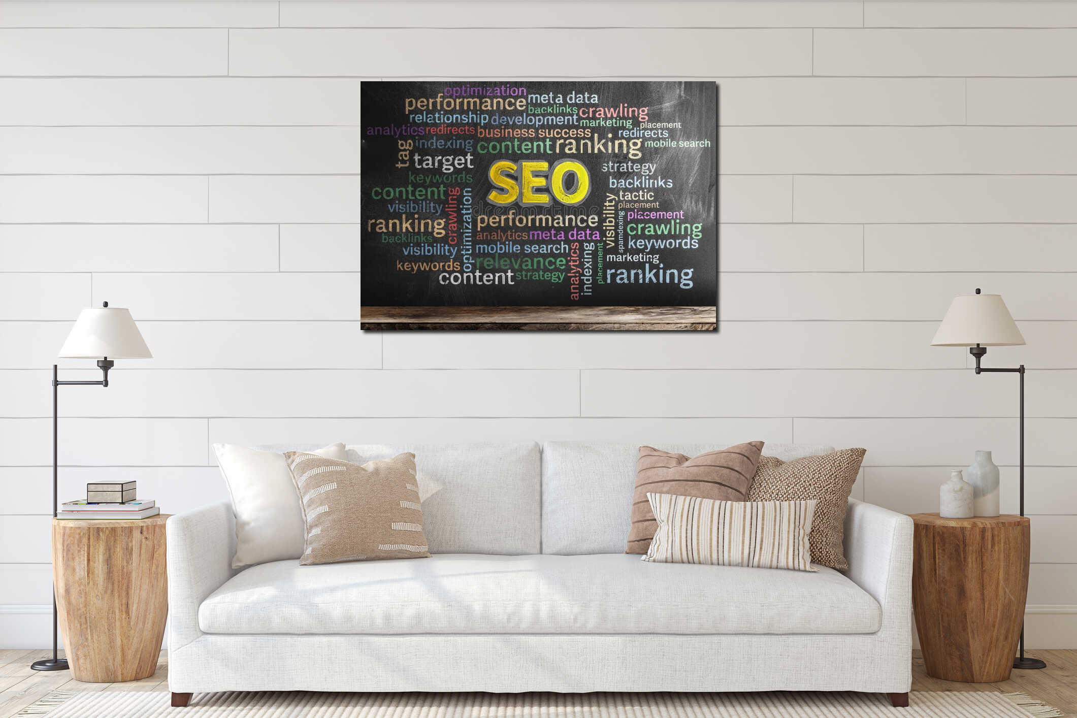 Multicolored SEO search engine optimization word cloud on chalkboard interior mockup