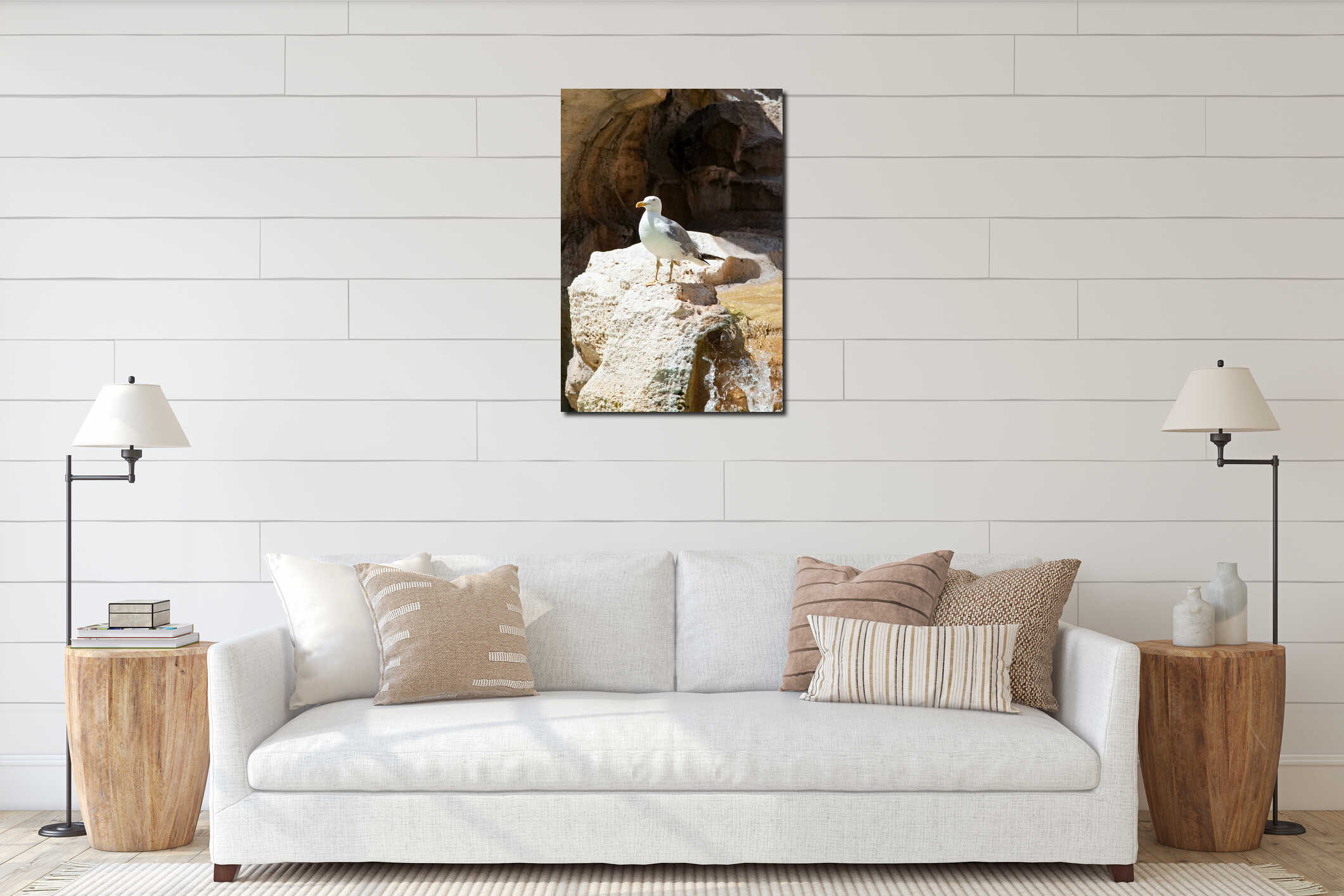 The seagull sits on a big stone interior mockup