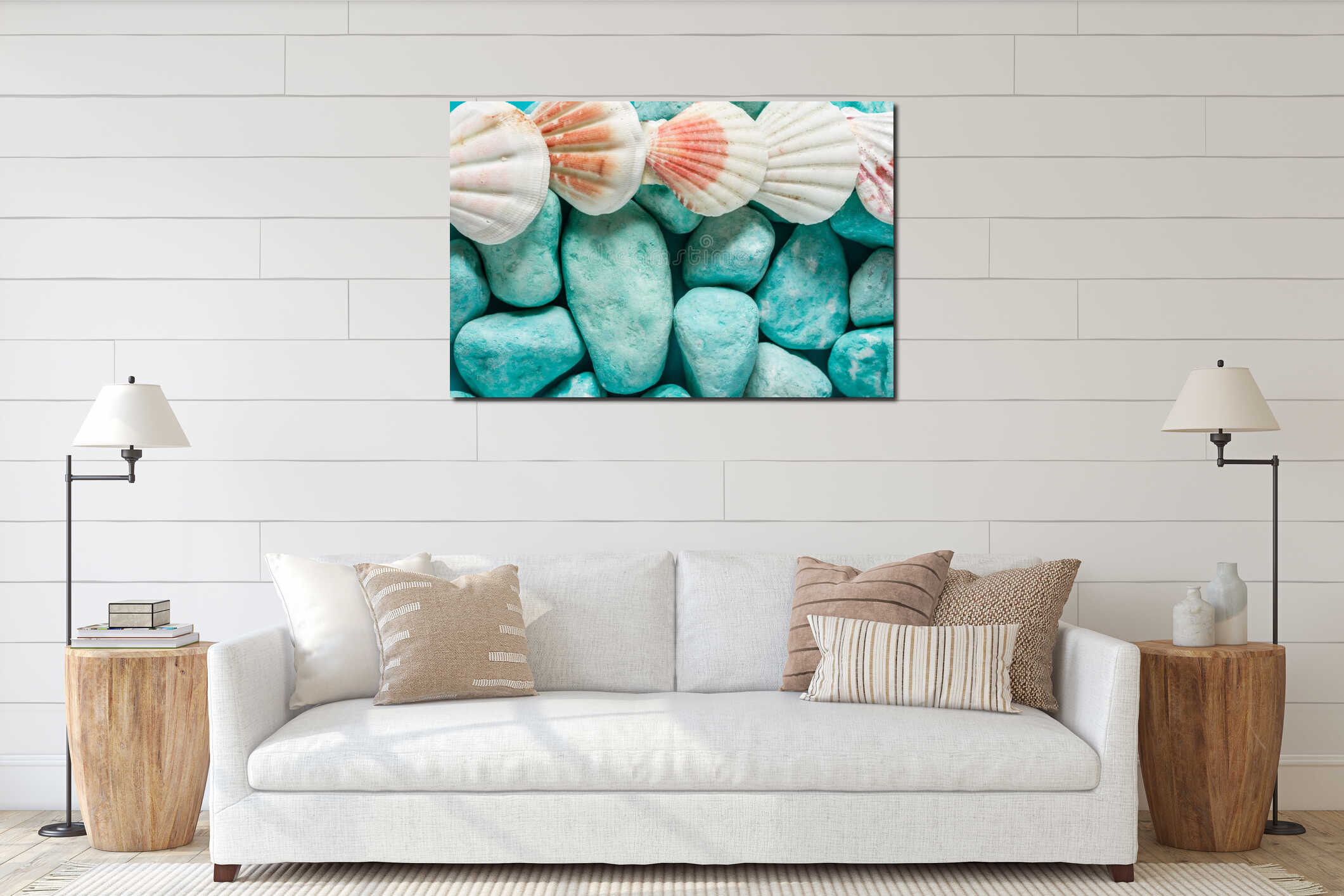 Creative nautical background. Blue stones round white and pink sea shells. Beautiful nature backdrop in pastel colors. Summer interior mockup