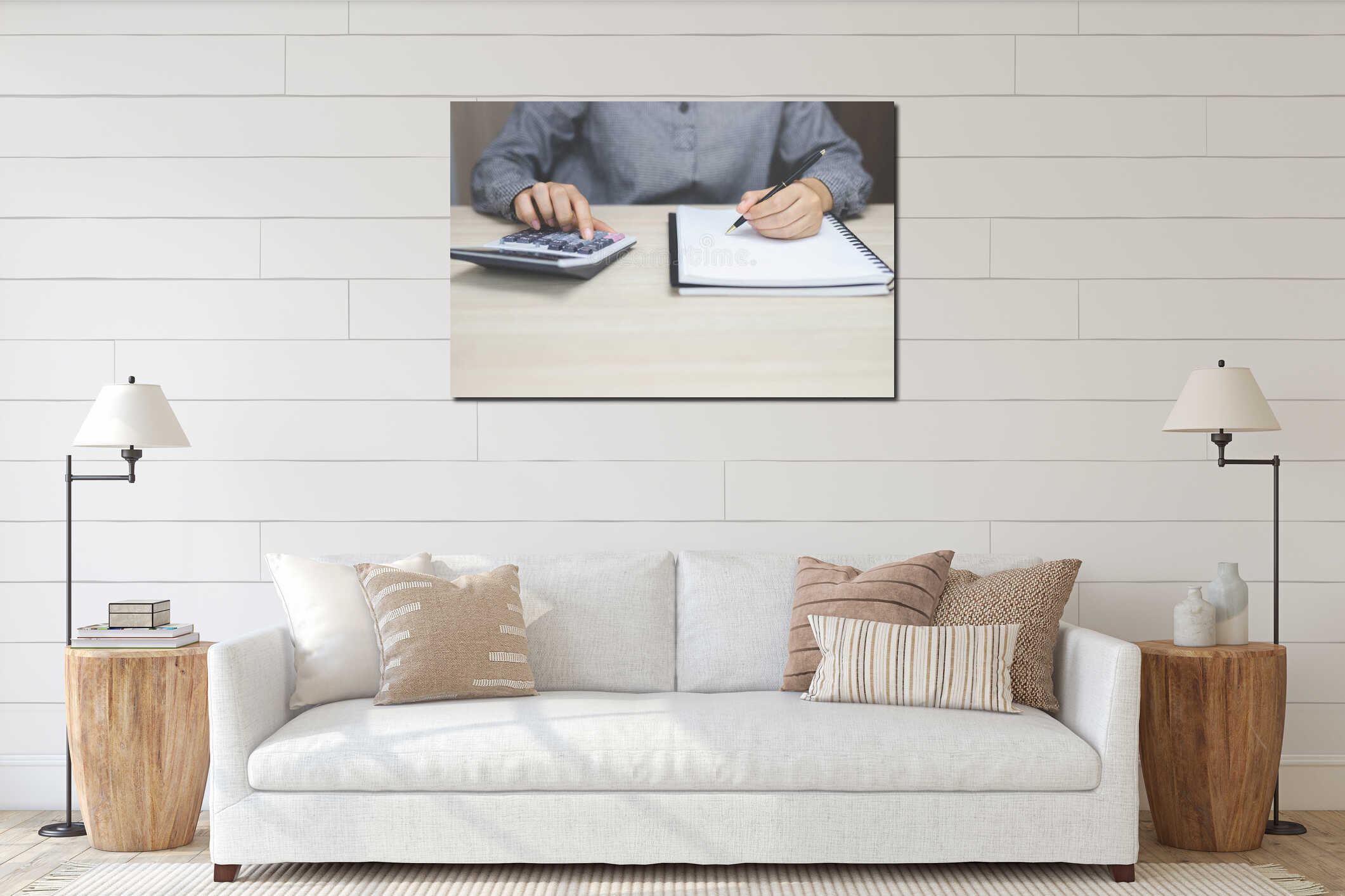 Close up hand young man are sitting on a marble chair. using pen writing Record interior mockup