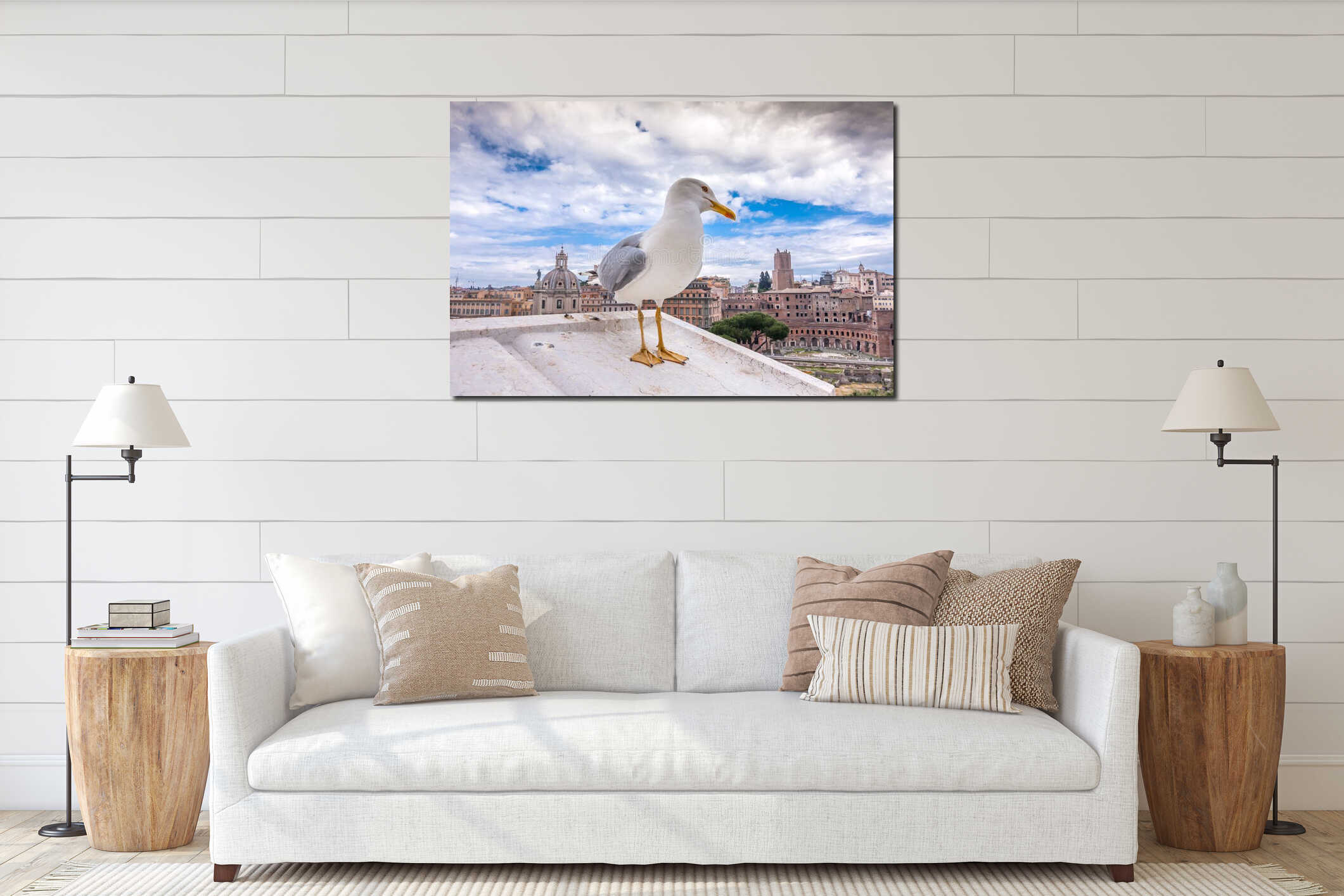 Seagull standing on the walls of Vittoriano building against the ancient Roman Forum interior mockup