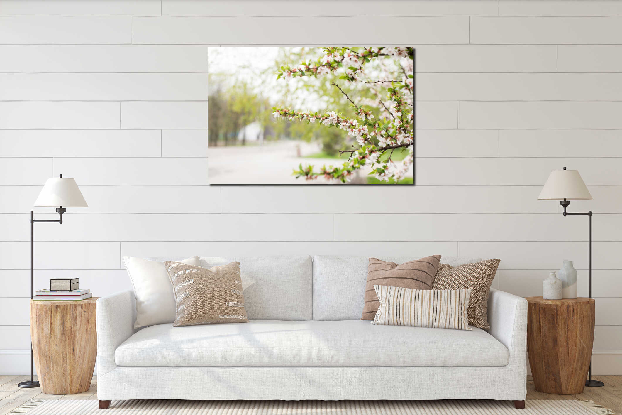 Blossoming branch apple. Bright colorful spring flowers interior mockup