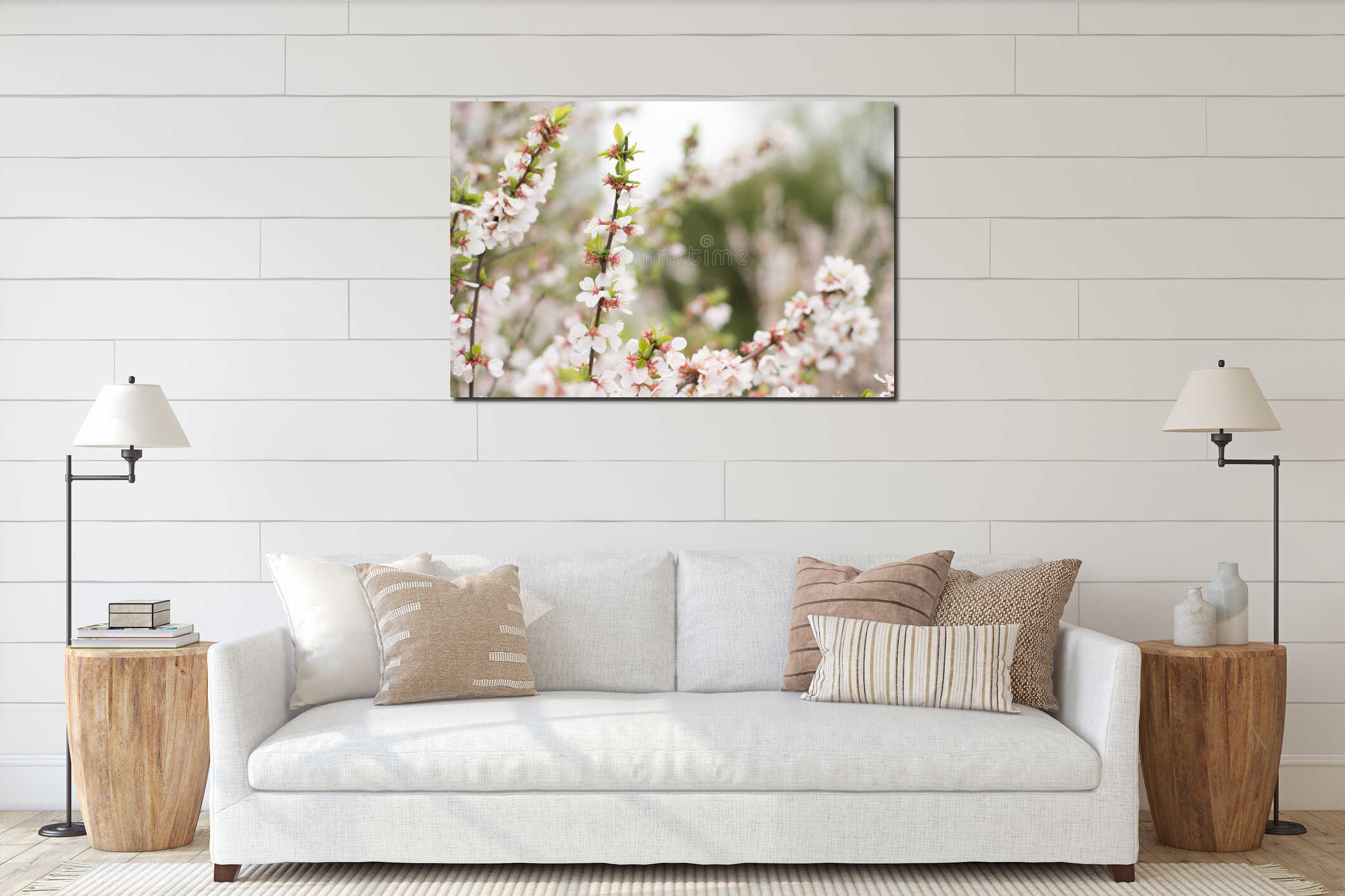Blossoming branch apple. Bright colorful spring flowers interior mockup