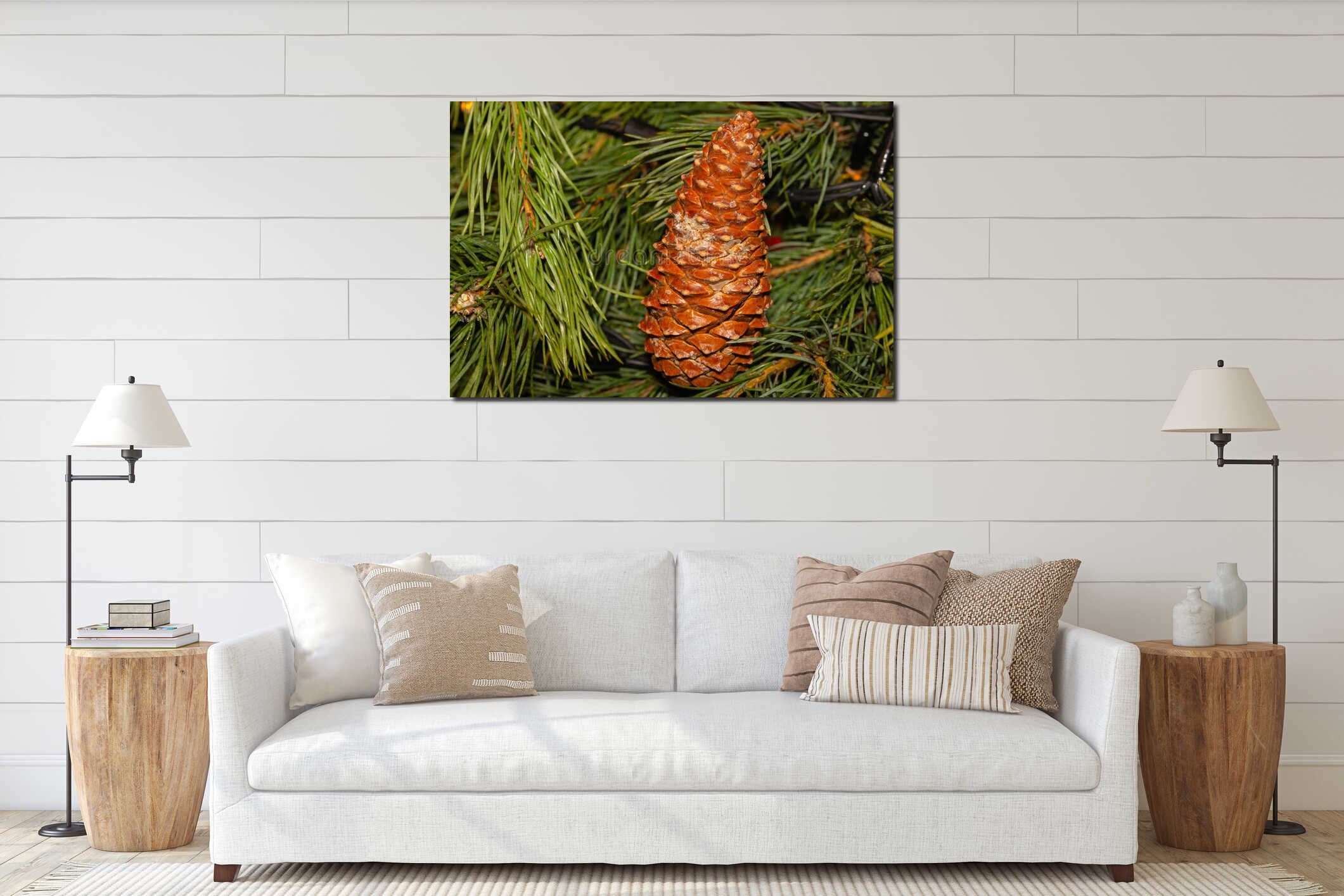 Large cone brown festive design flora on the background of pine long needles close-up interior mockup
