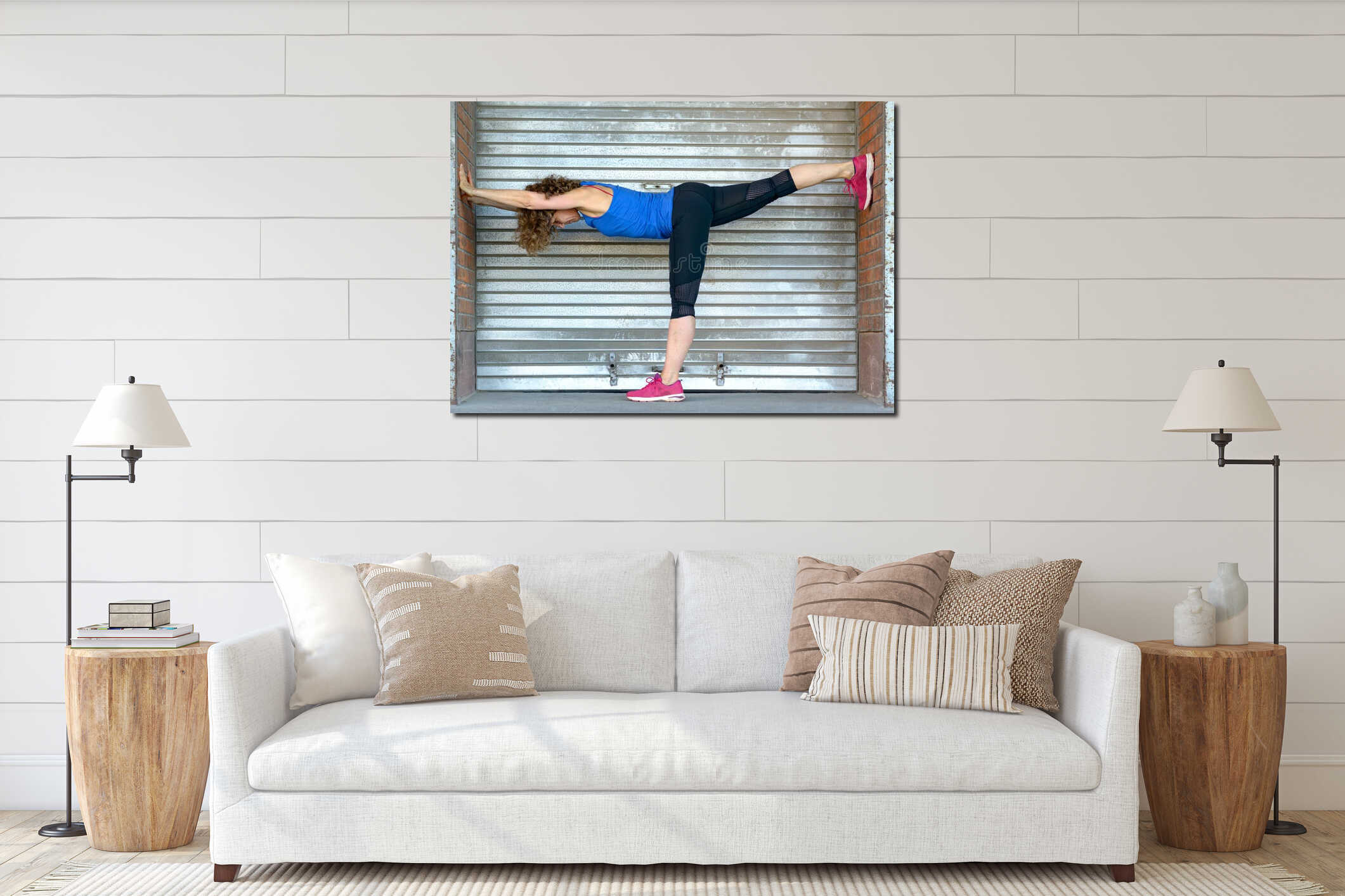 Fit athletic woman doing stretching exercises interior mockup
