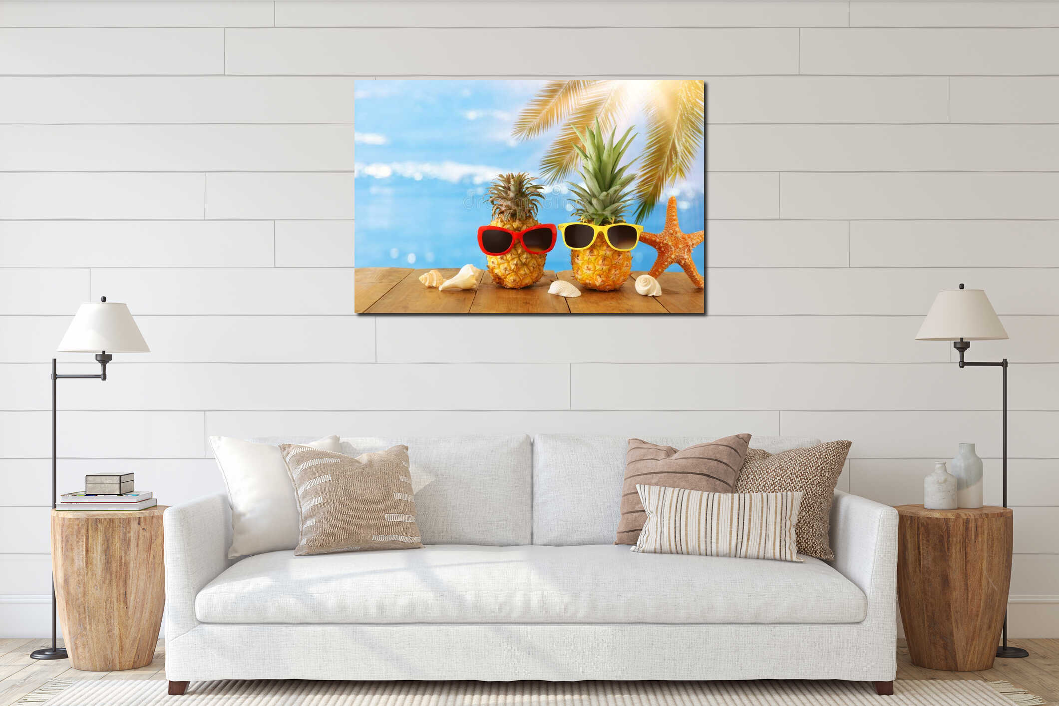 Ripe couple pineapple in stylish sunglasses over wooden table or deck against blue sea, relaxing. Tropical summer vacation concept interior mockup