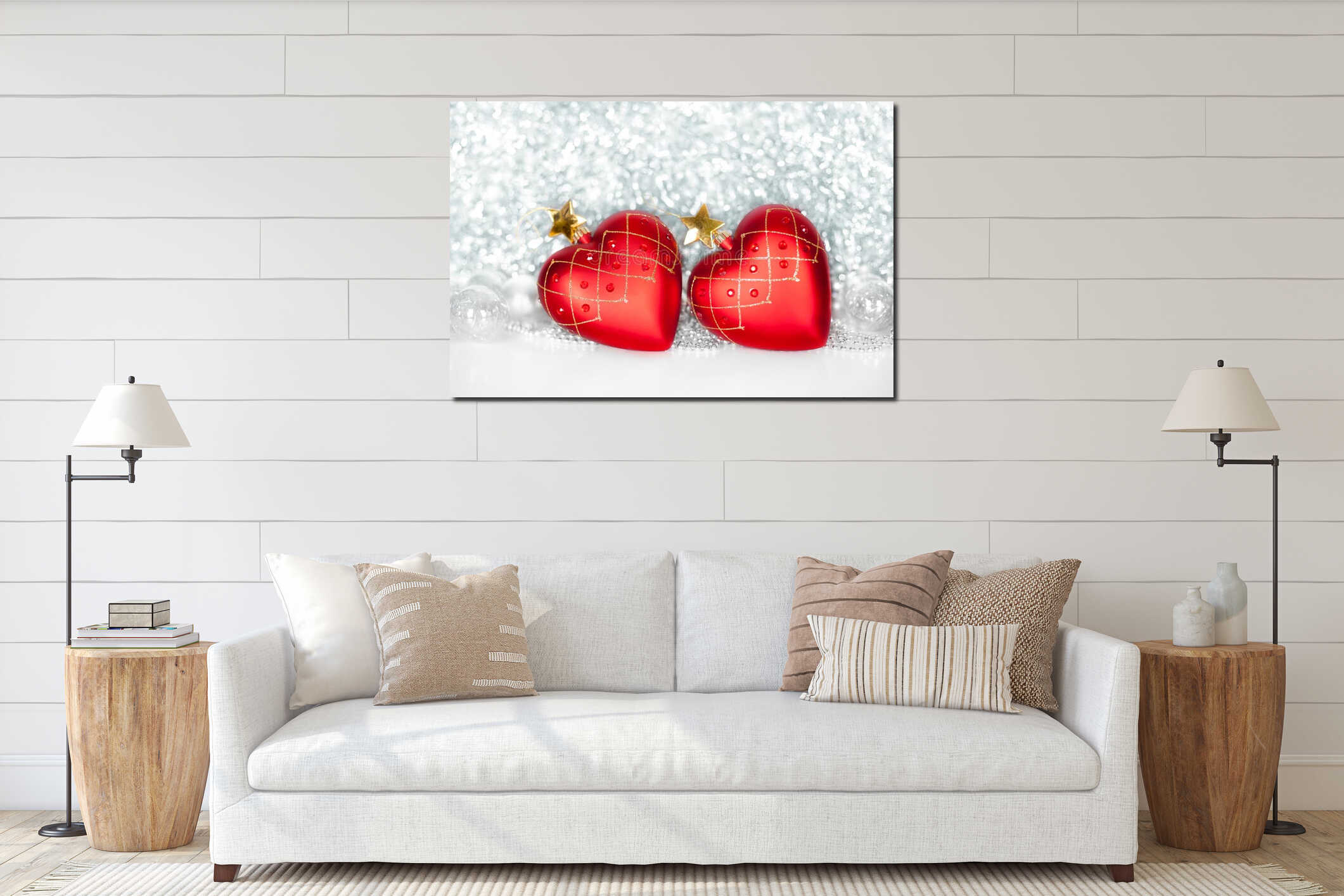 Two red Christmas tree glass balls in the shape of heart with golden stars and silver and red balls on shiny sparkling tinsel interior mockup