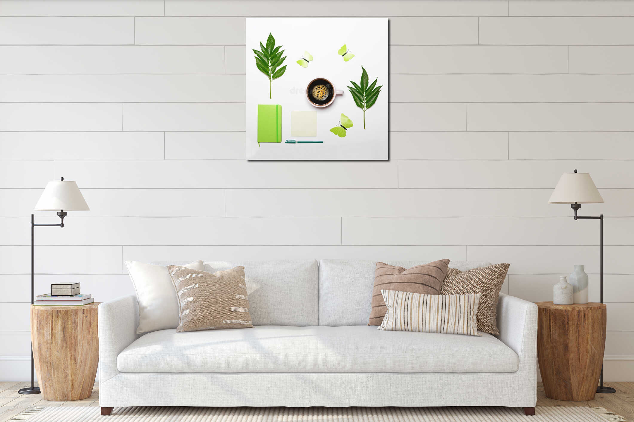 Cup of coffee with green leaves butterfly book and pen on white background - Flat lay interior mockup