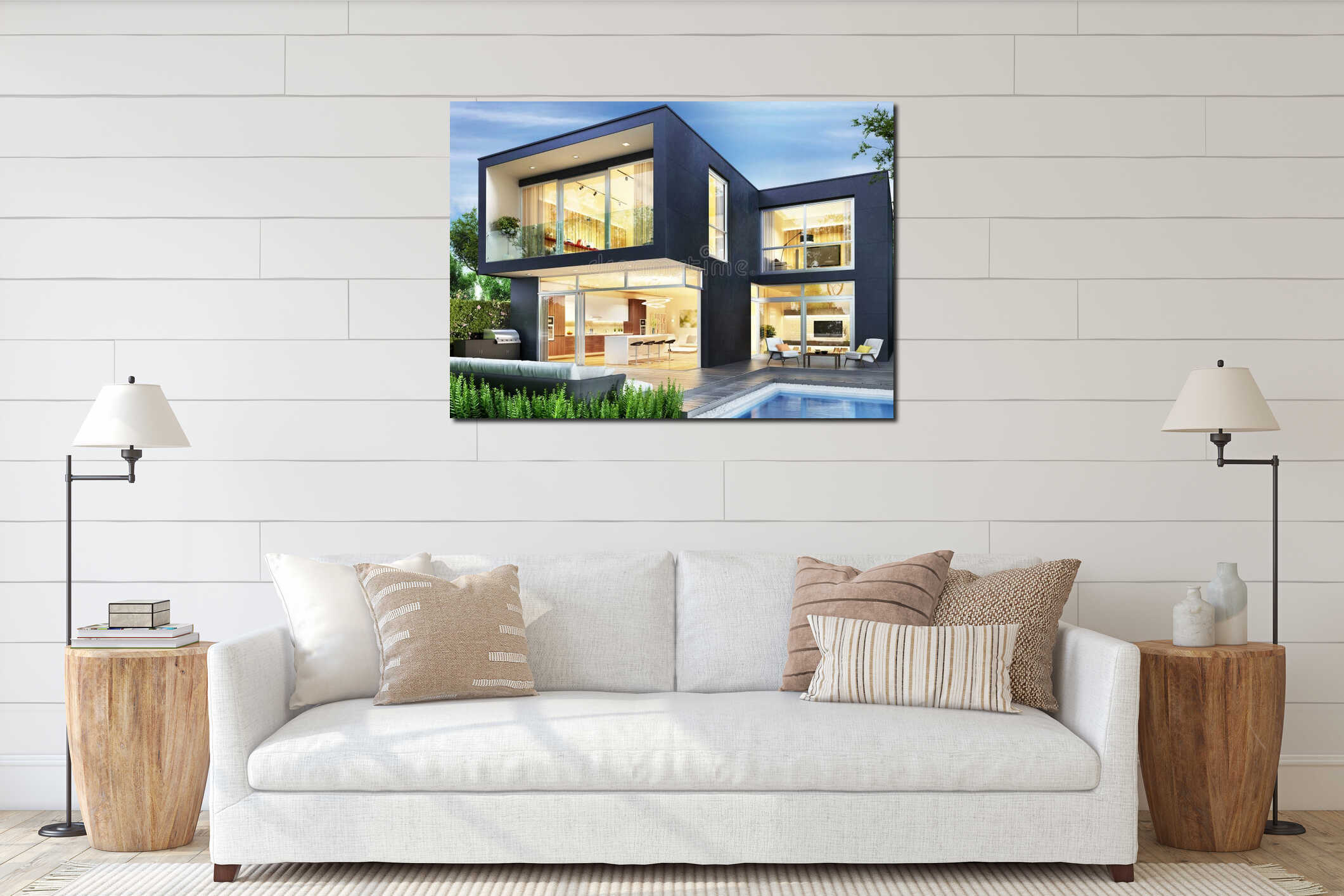 Modern house. Evening view. Interior and exterior interior mockup