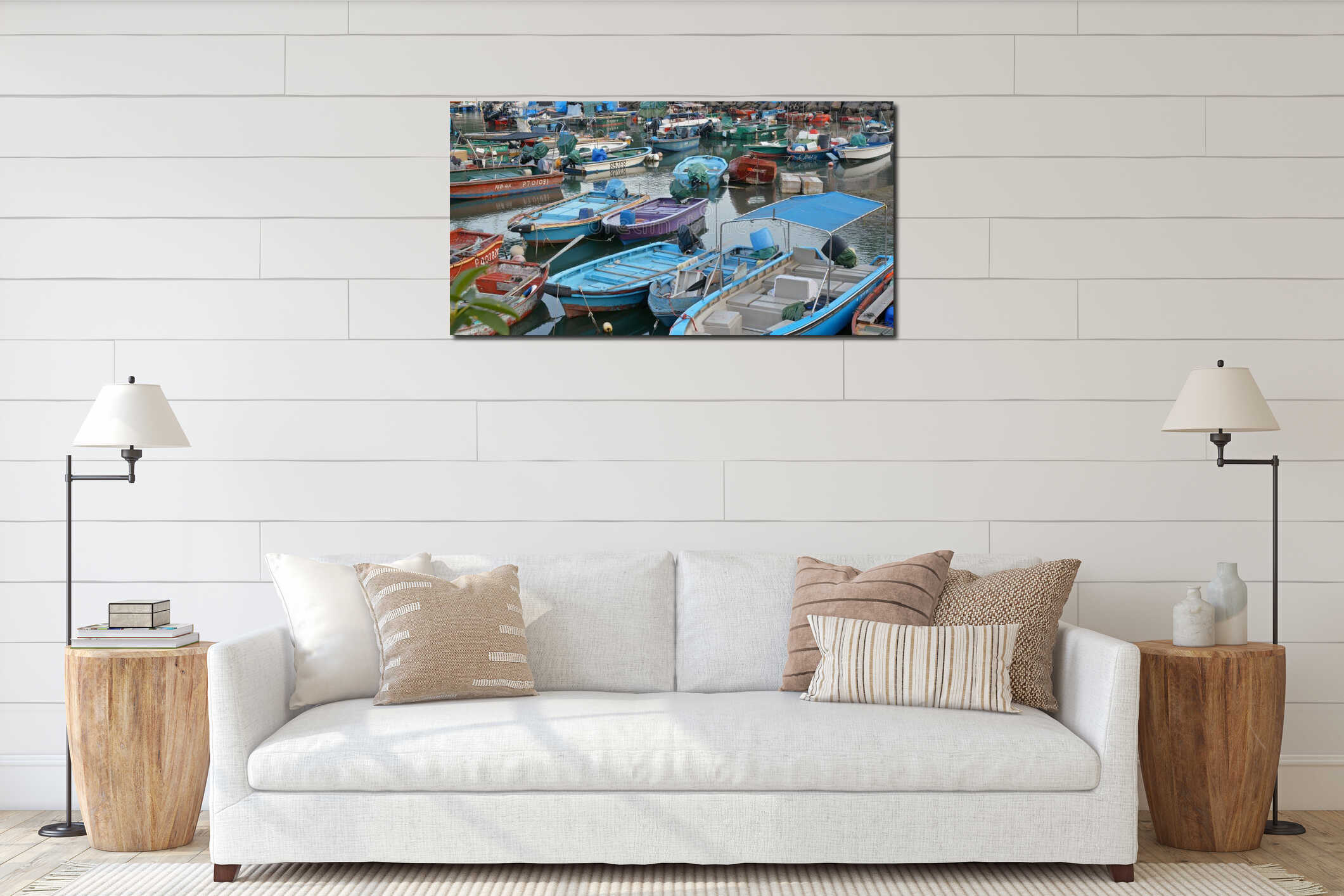 Crowd of small boats in the sea of Cheung chau island interior mockup