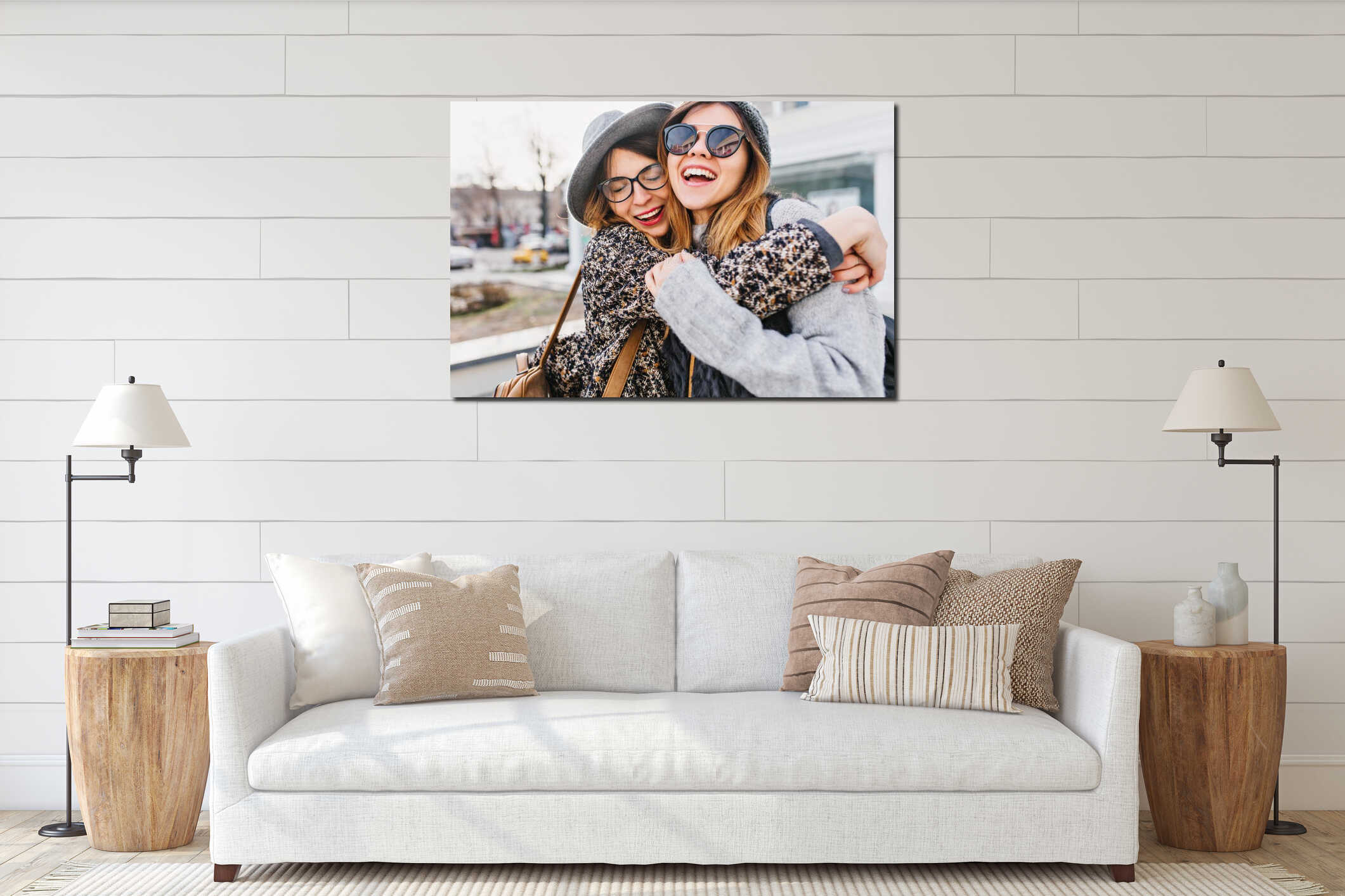 Happy brightful positive moments of two stylish girls hugging on street in city. Closeup portrait funny joyful interior mockup